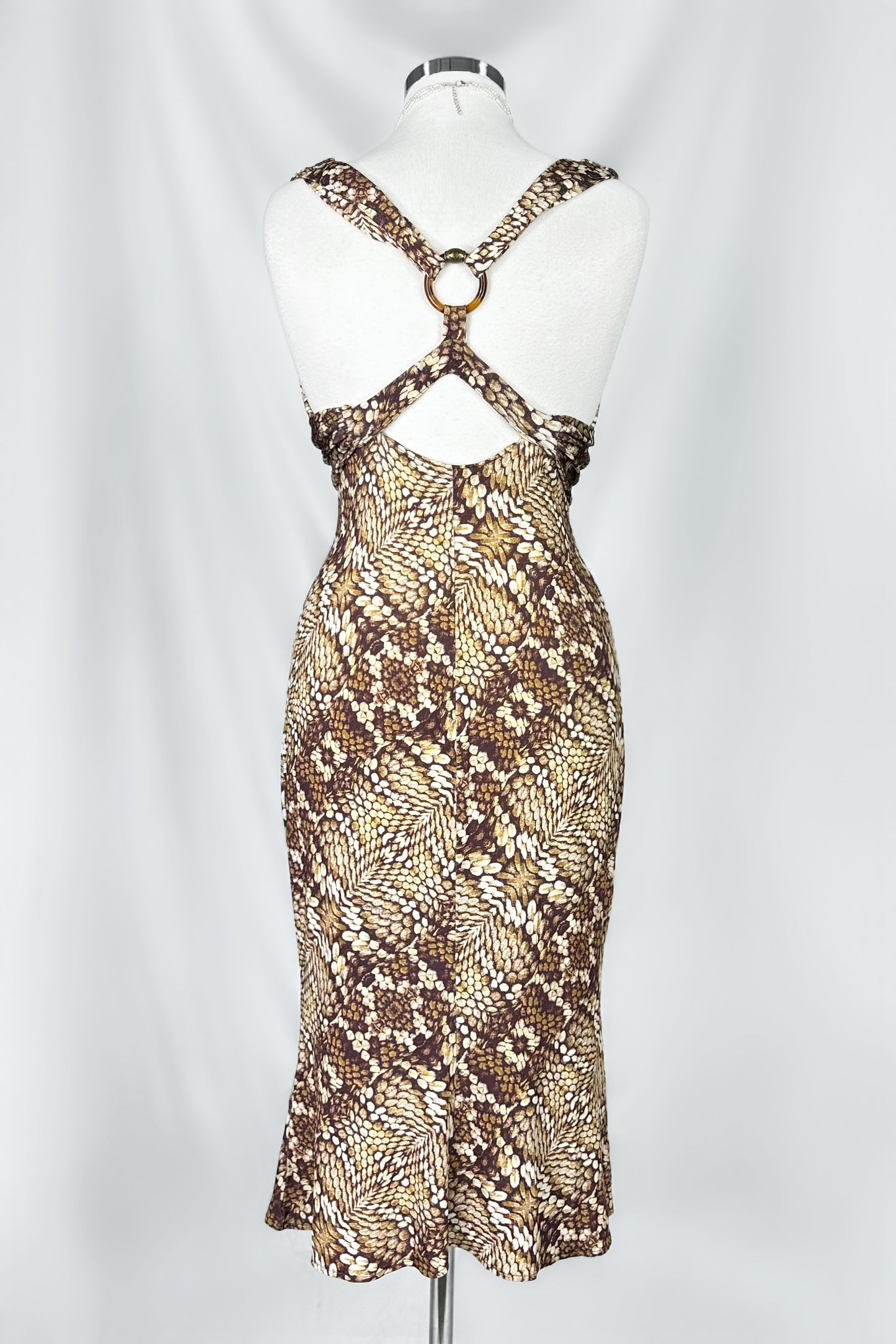 VINTAGE 00s ROBERTO CAVALLI SNAKE PRINT SLINKY MIDI DRESS