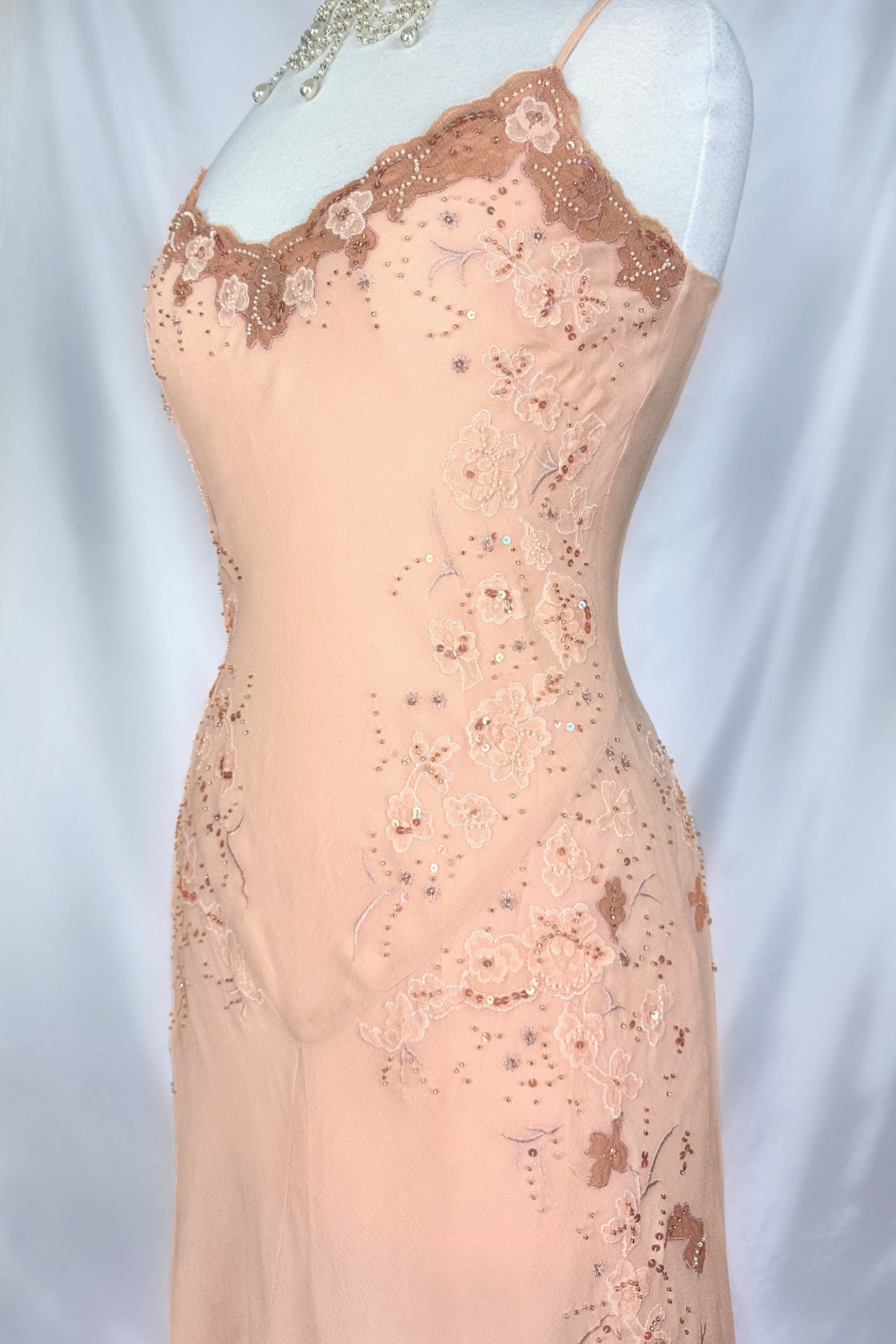 PEACH PRINCESS SILK FLORAL EMBELLISHED MIDI DRESS