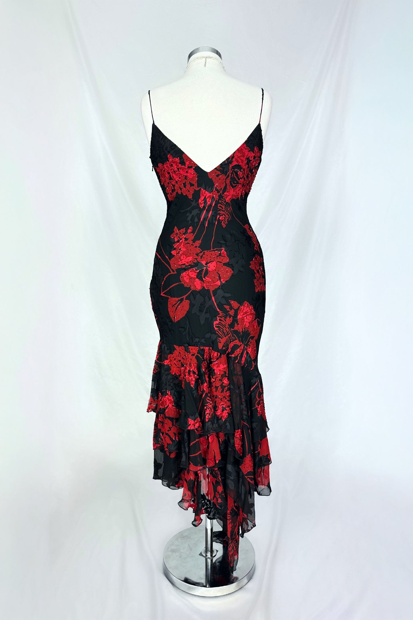 Red Dahlia Floral Embellished Silk Devore Midi Dress