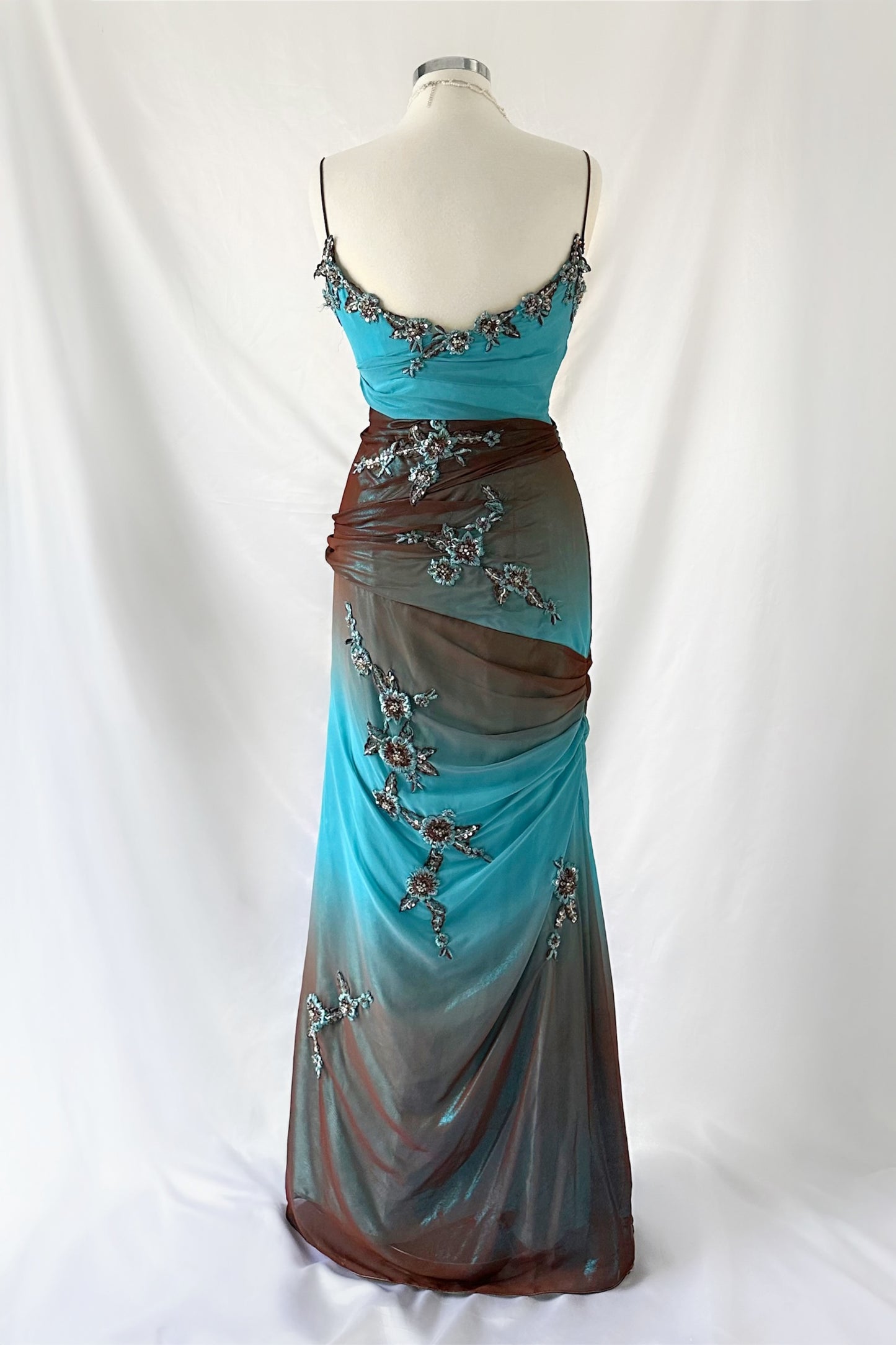 ENCHANTED COCOA & BLUE IRIDESCENT DRAPED GOWN