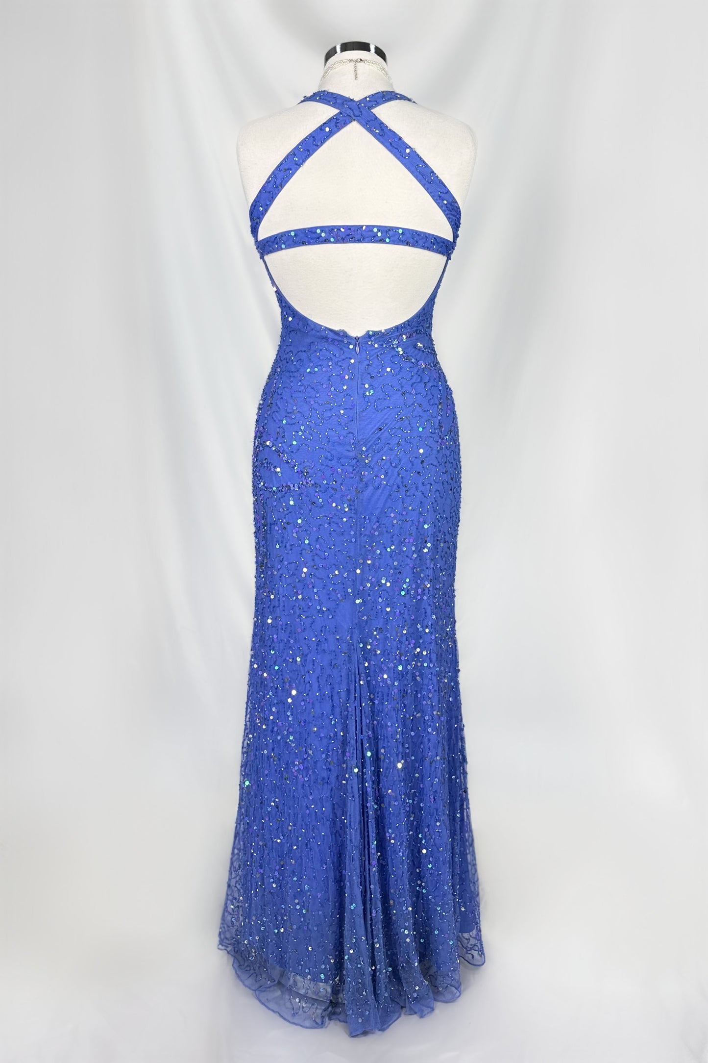 90s PROM QUEEN DARK PERIWINKLE EMBELLISHED BACKLESS MAXI DRESS