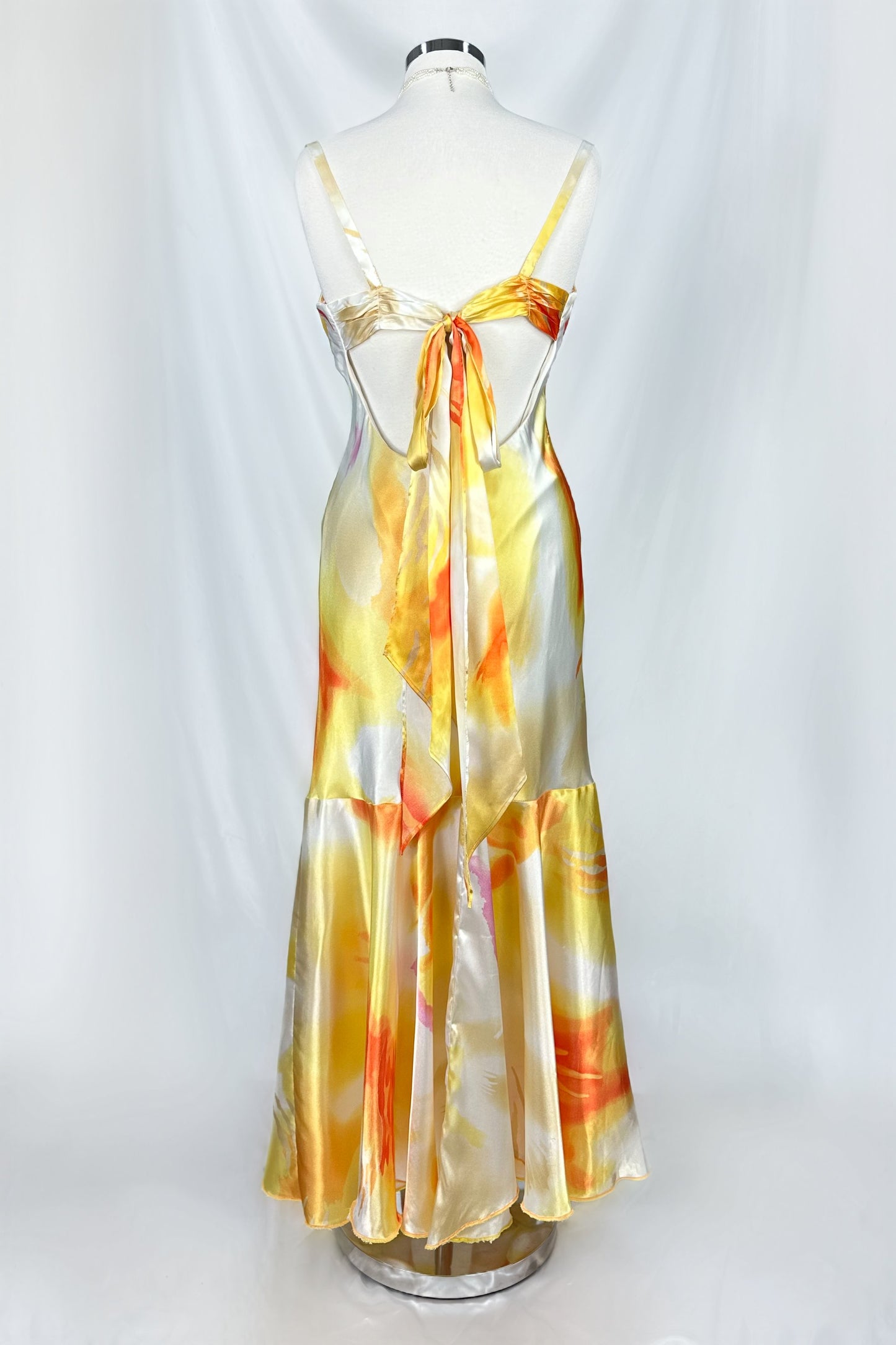 SUNSET SOIRÉE SATIN BACKLESS TIE DYE MAXI DRESS