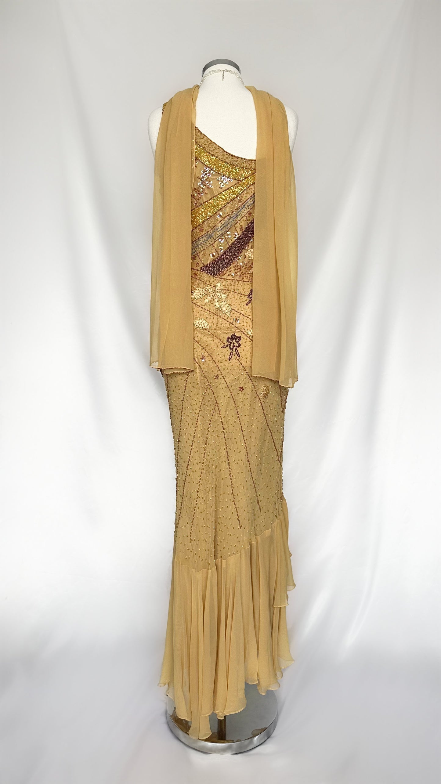MATTE GOLD SILK EMBELLISHED ONE SHOULDER MAXI DRESS WITH MATCHING SCARF