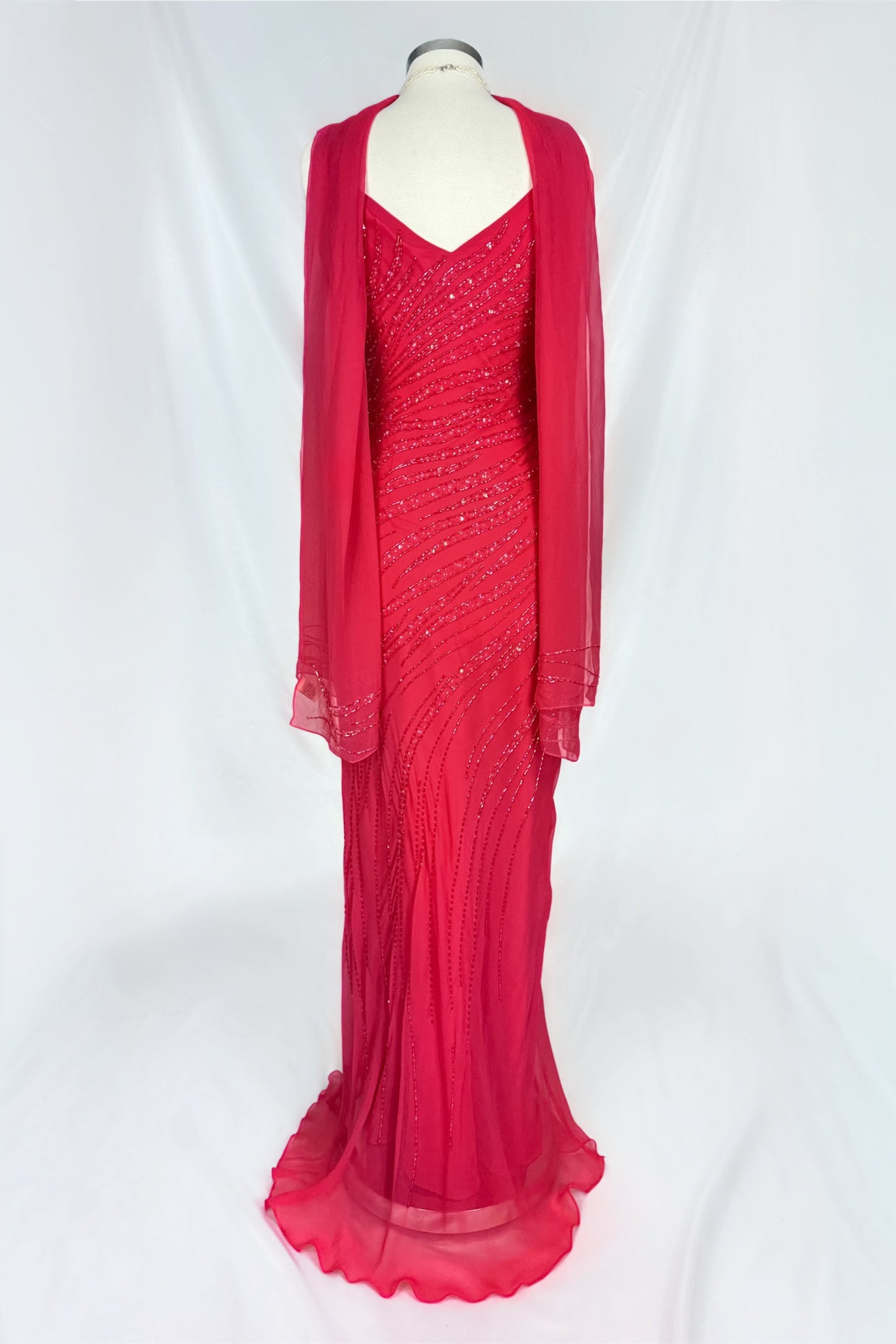 FLAMED ROSE RED EMBELLISHED GOWN & SCARF SEF