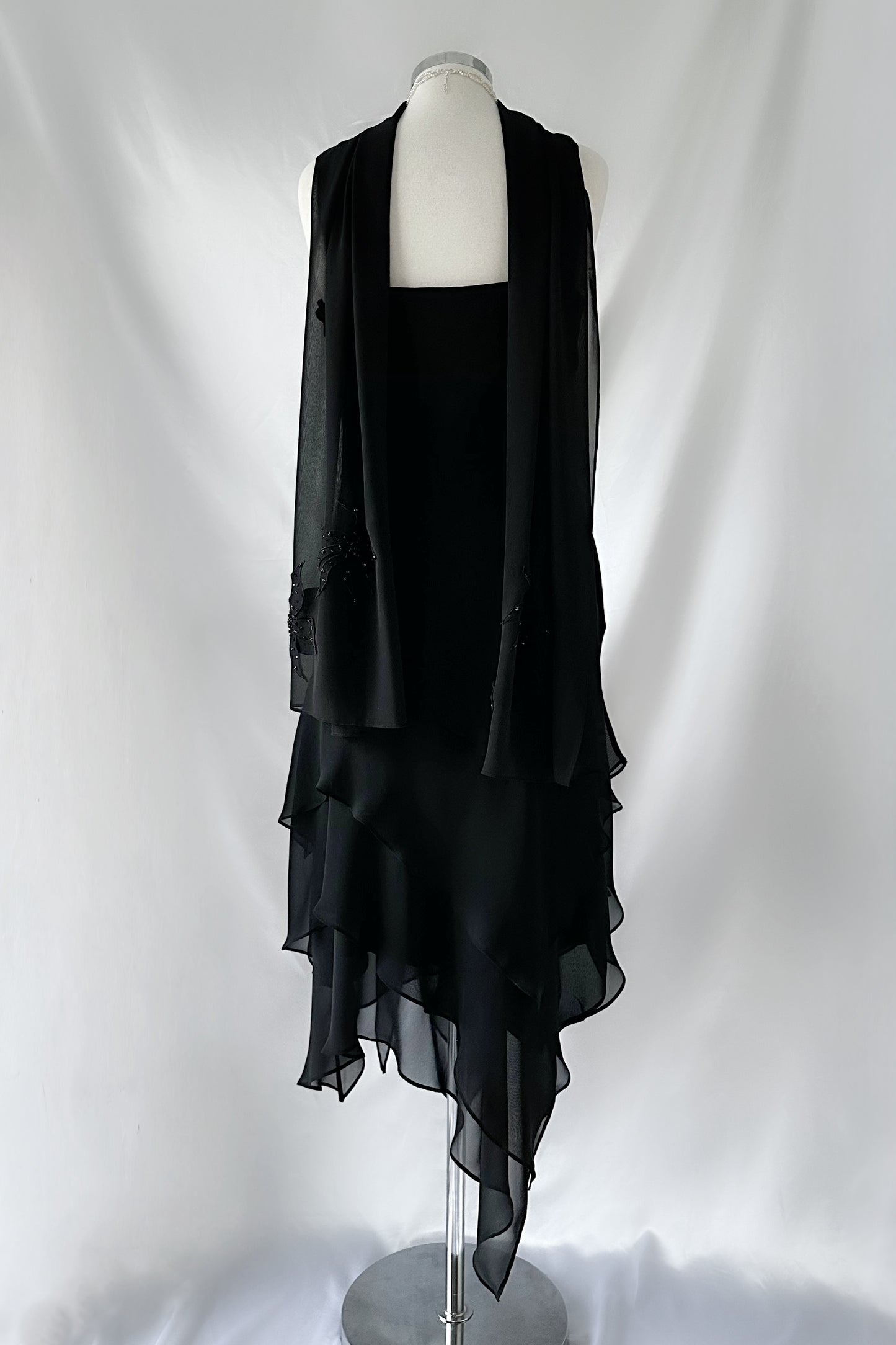 NOIR FLOWER EMBELLISHED ASYMMETRICAL DRESS & SCARF SET