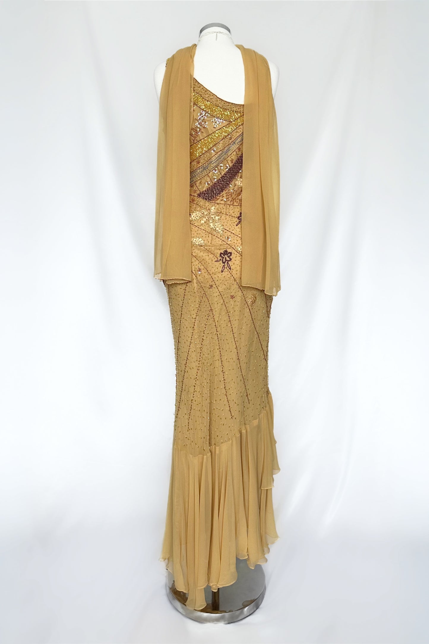 MATTE GOLD SILK EMBELLISHED ONE SHOULDER MAXI DRESS WITH MATCHING SCARF
