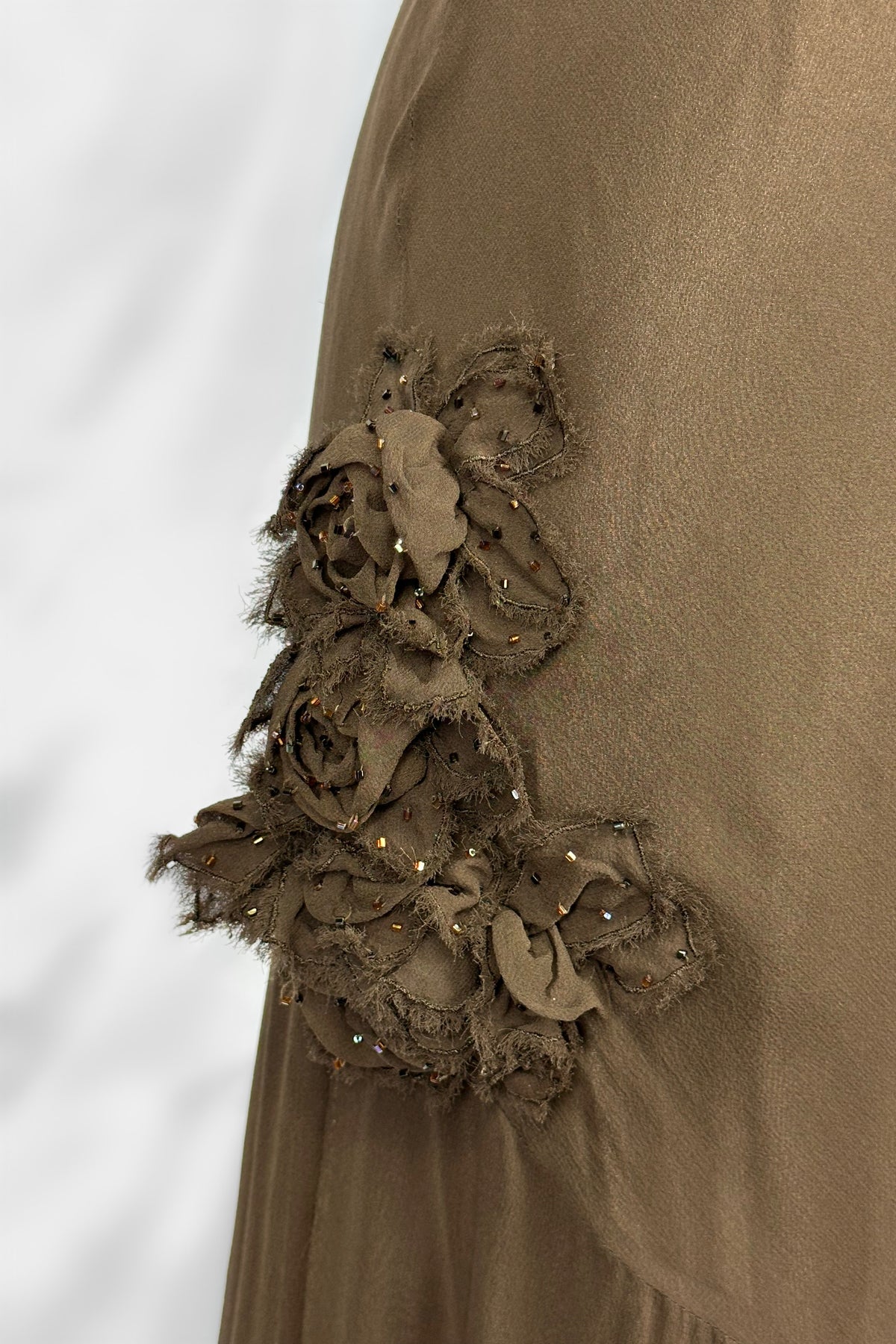Mocha Brown Rosette Silk Ruffle Midaxi Dress