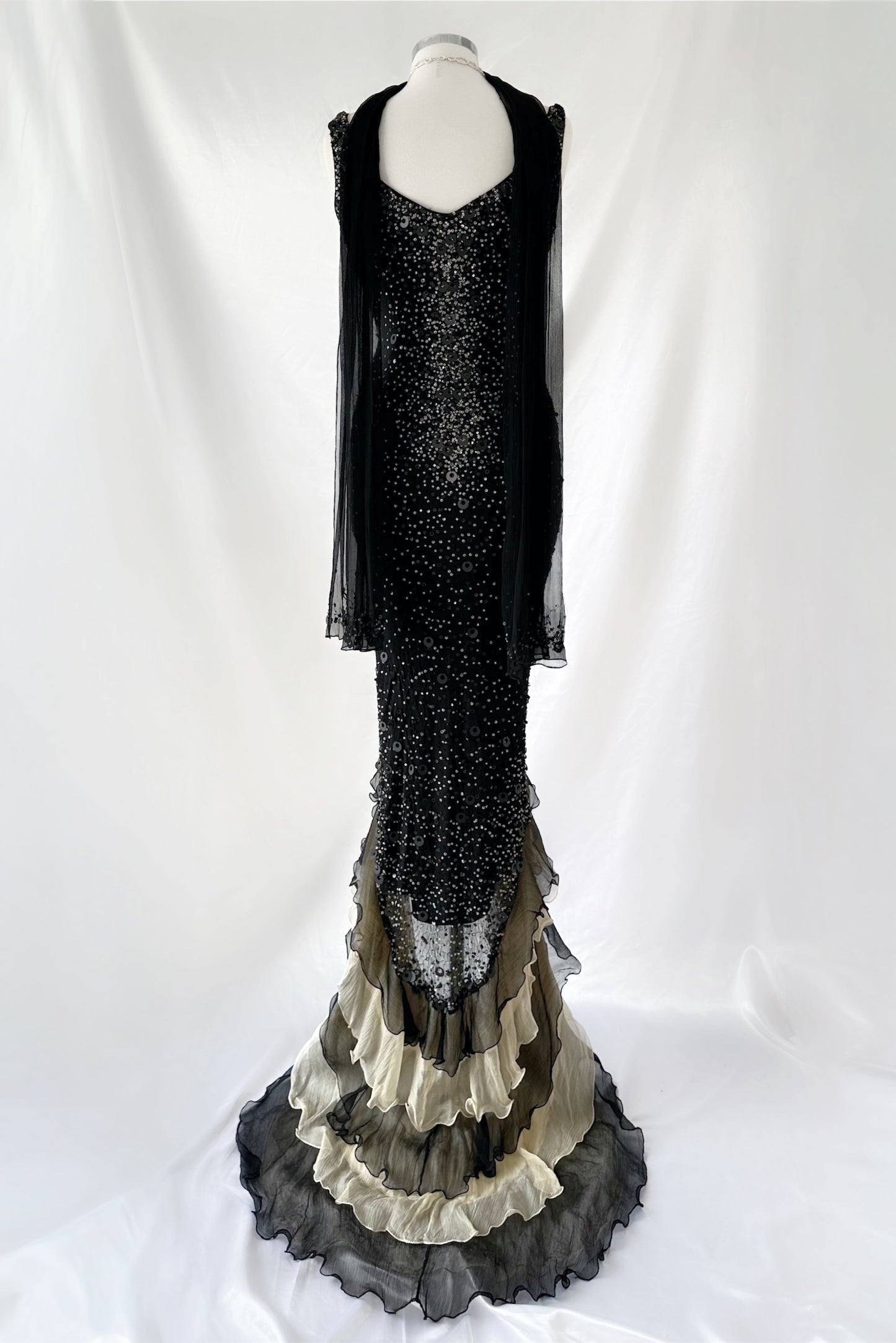 LUXURY FRENCH NOIR RUFFLE EMBELLISHED SILK GOWN & SCARF SET
