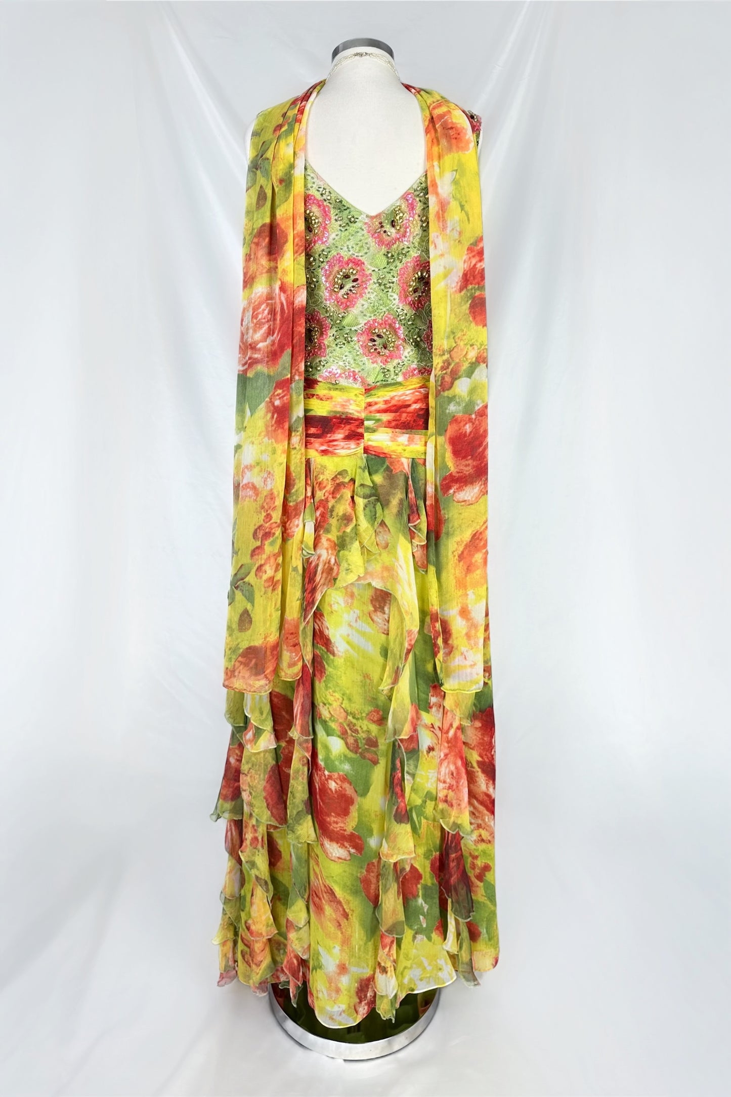 SUMMER SOIRÉE FLORAL EMBELLISHED MAXI DRESS WITH MATCHING SCARF