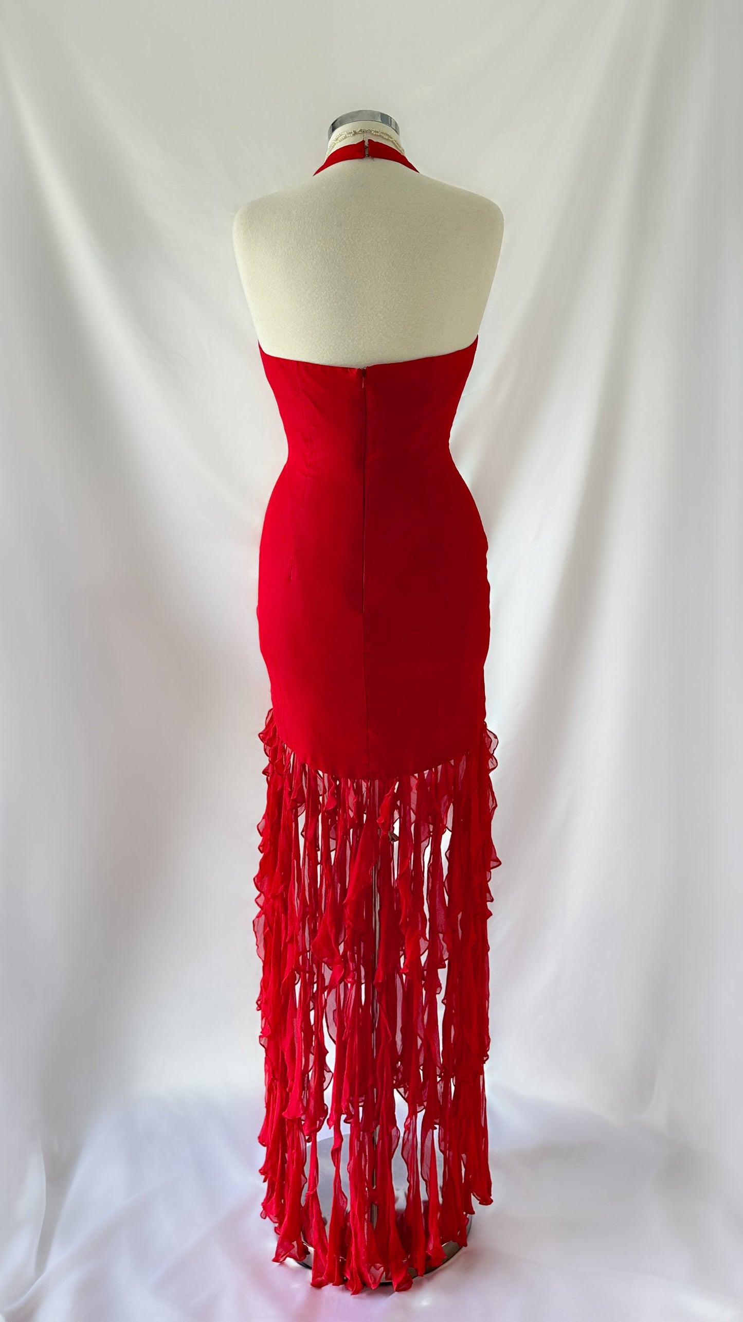 RED ROSE RUFFLE JELLYFISH SILK MAXI DRESS
