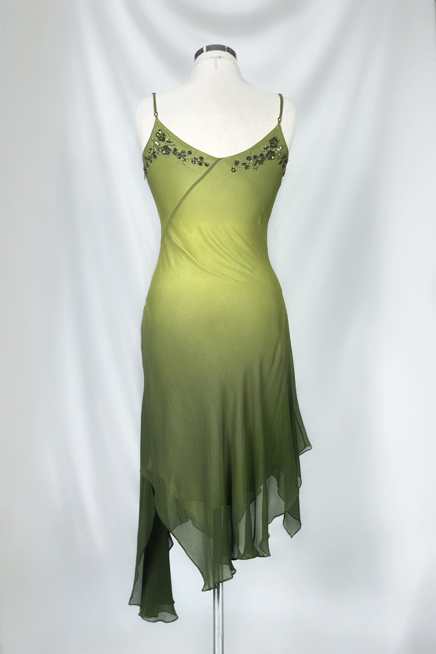 ENCHANTED GREEN FAIRY SILK EMBELLISHED ASYMMETRICAL MIDI DRESS