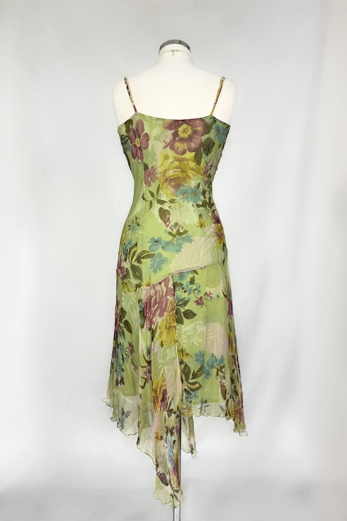 PISTACHIO WATERCOLOUR FLORALS ASYMMETRICAL MIDI DRESS