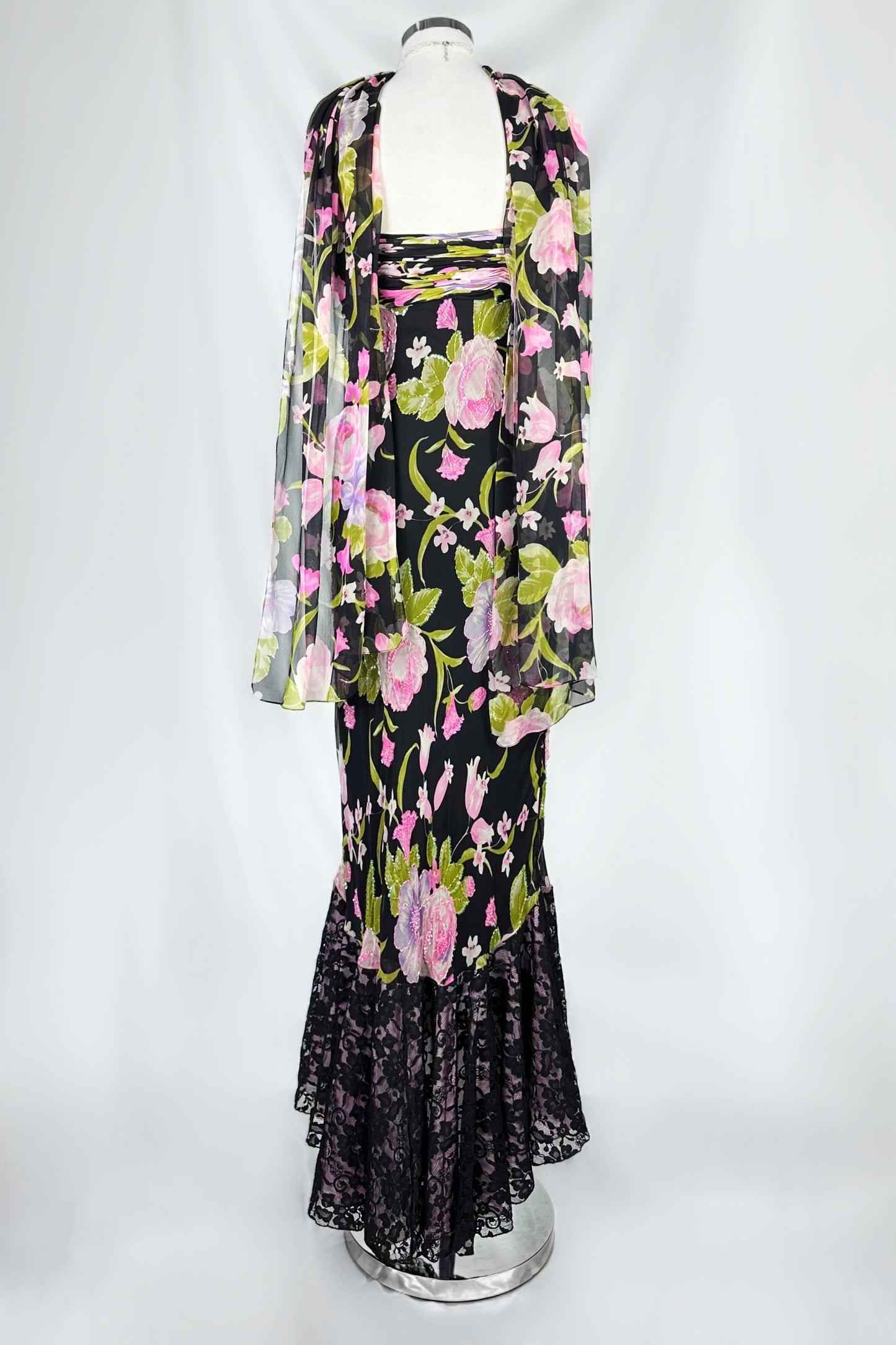 MIDNIGHT GARDENIA EMBELLISHED SILK DRESS & SCARF SET