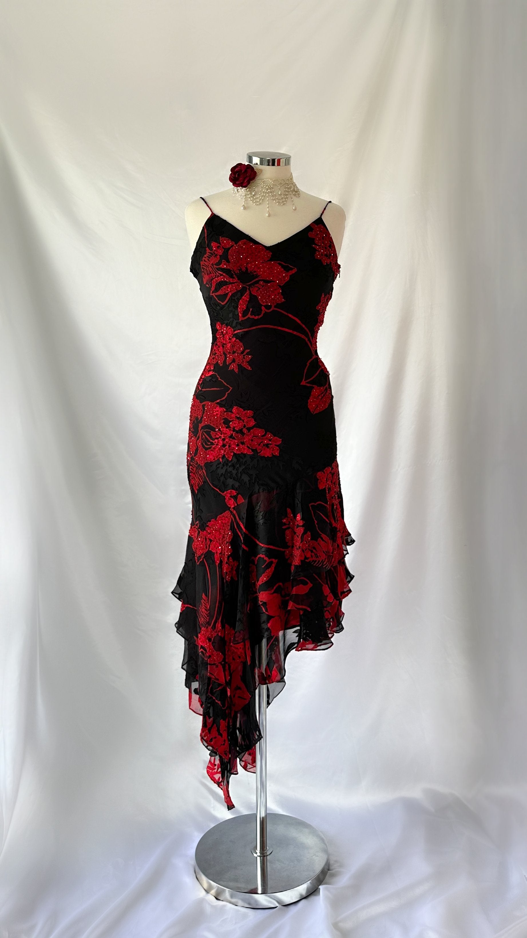 Beautiful 90s Red Black Silk Devore Floral Midi Dress