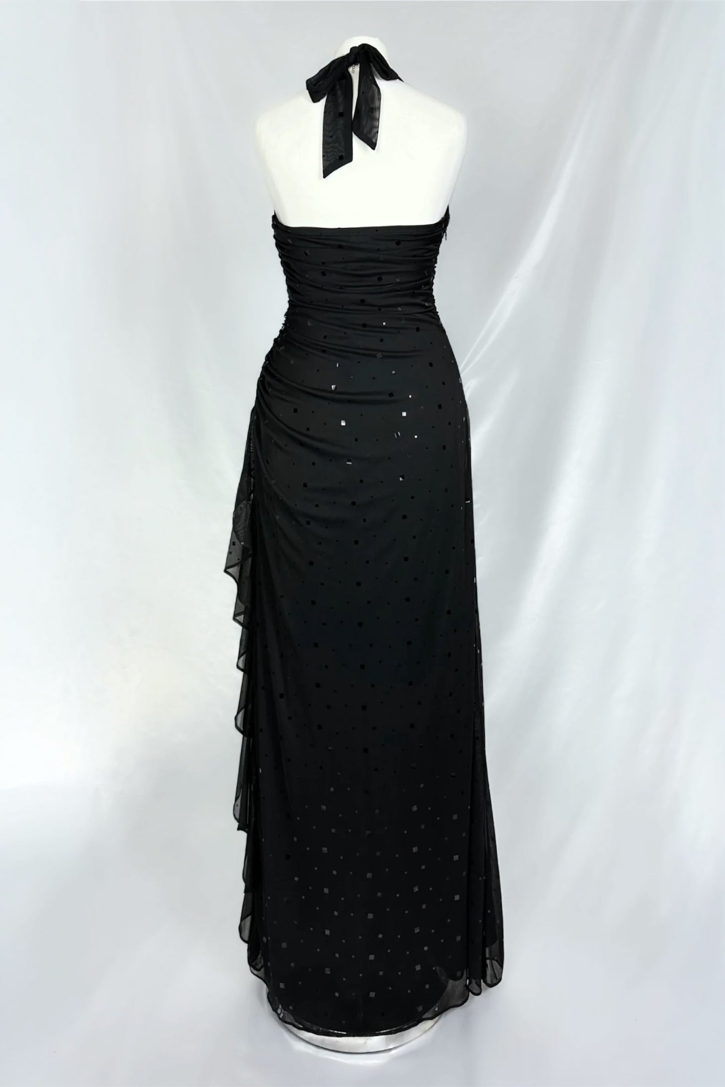 NOIR GLIMMER MESH HALTER NECK MAXI DRESS