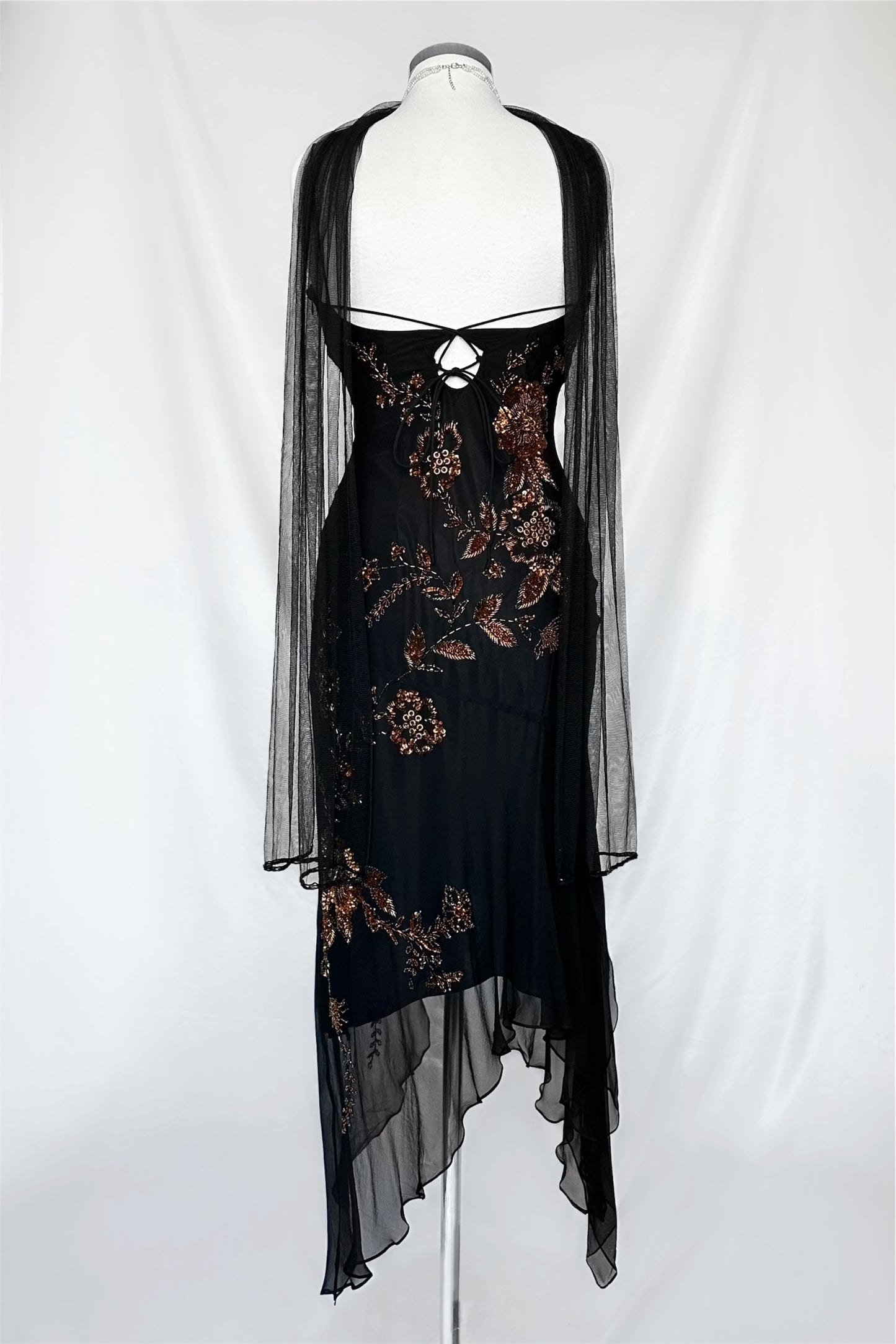 Copper Rose Embellished Silk Asymmetrical Midi Dress With Shawl