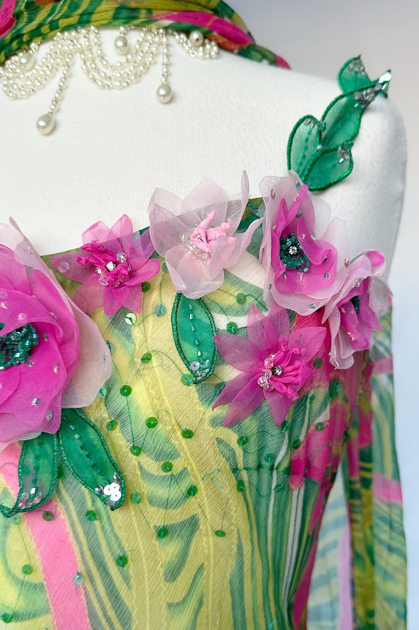 ART DECO SILK FLORAL SHEER MAXI DRESS WITH MATCHING SCARF