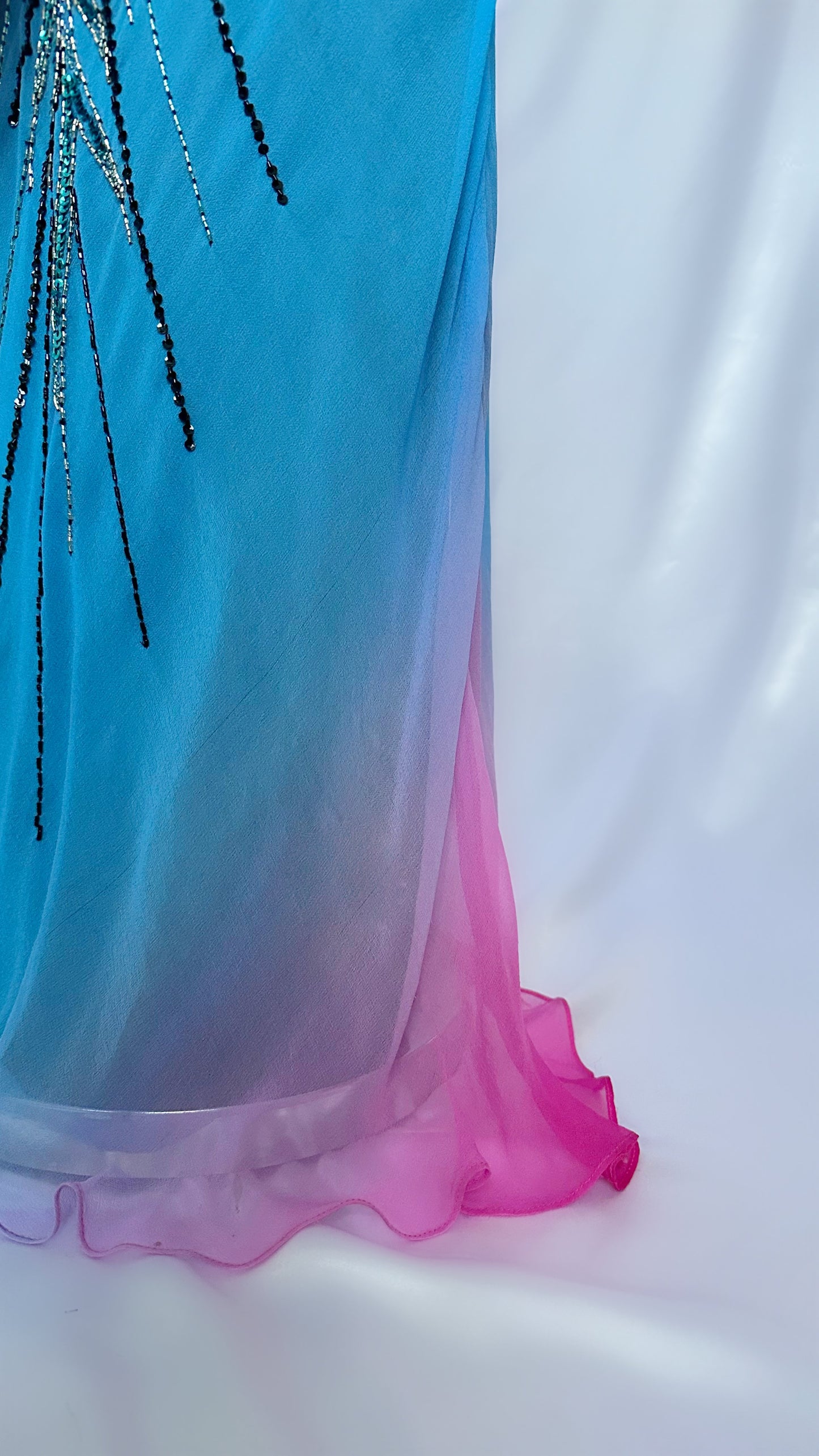 STARBURST BLACK SILK OMBRÉ EMBELLISHED HALTER MAXI DRESS