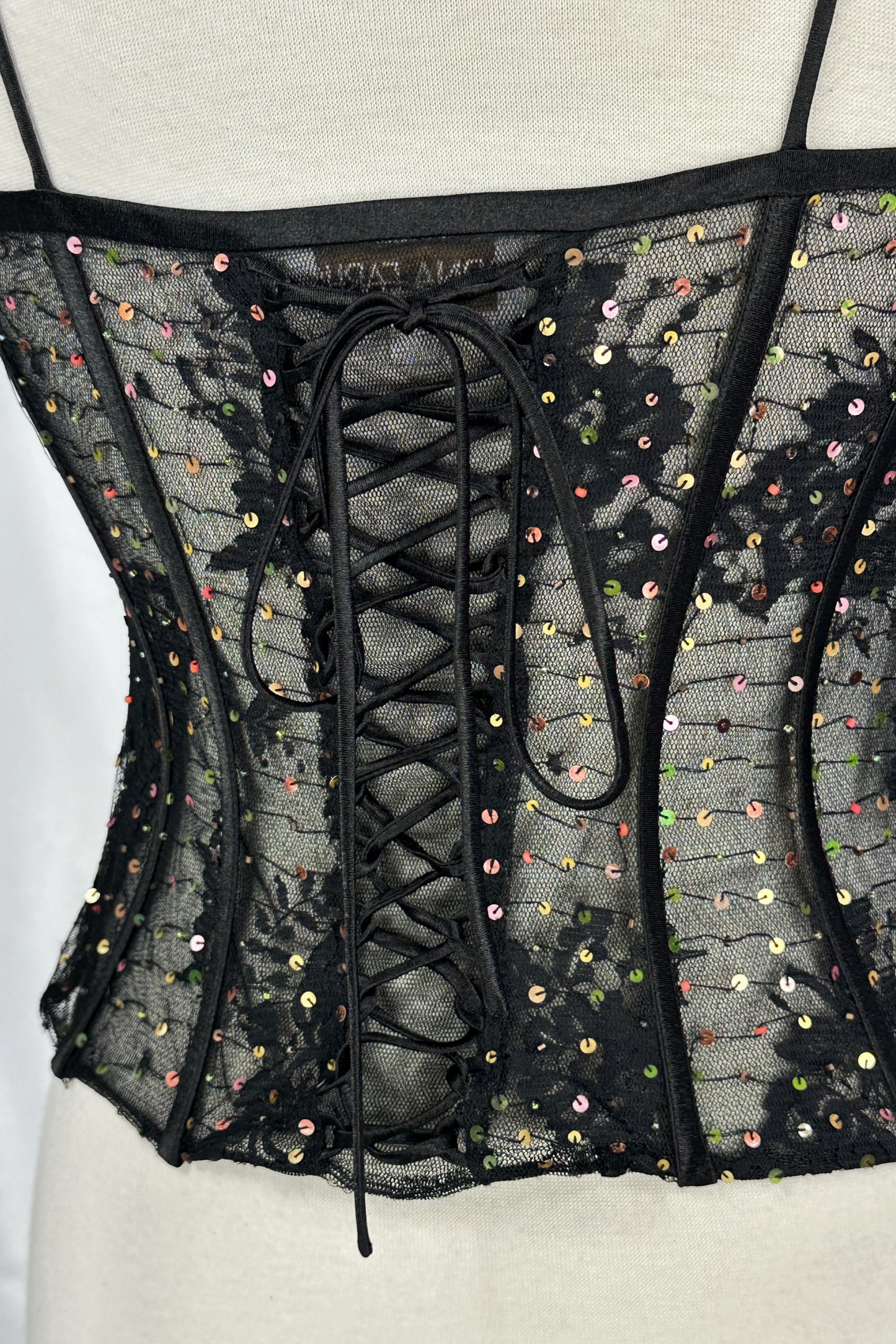 90s French Mesh Embellished Black Corset Top