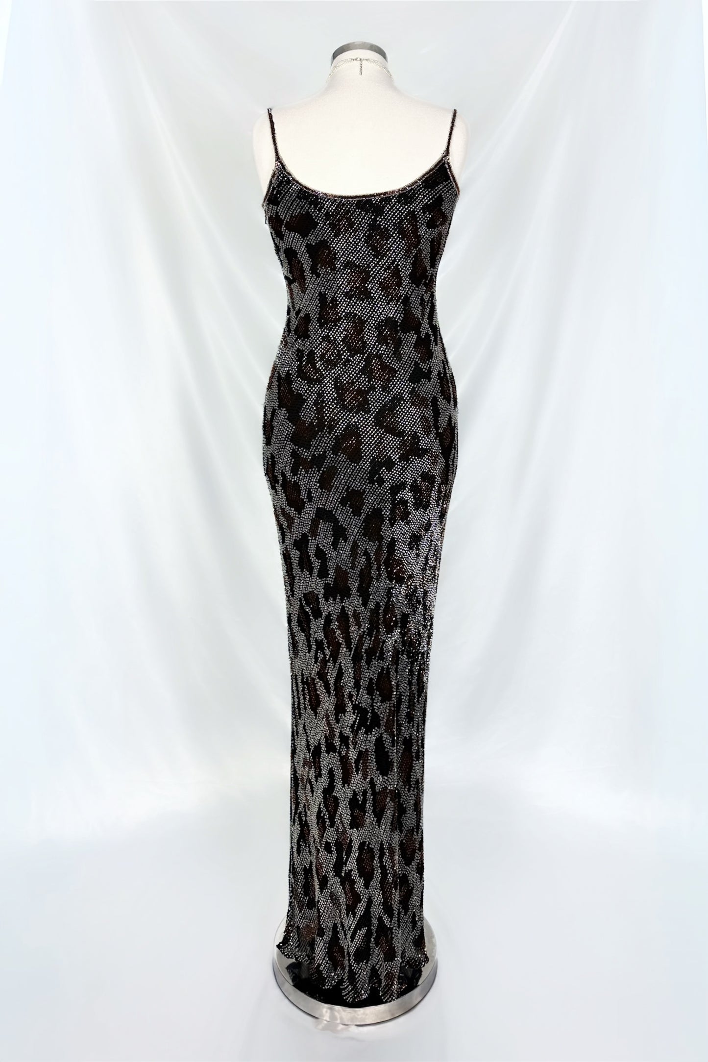 STEEL GREY LEOPARD FANTASY EMBELLISHED SILK GOWN
