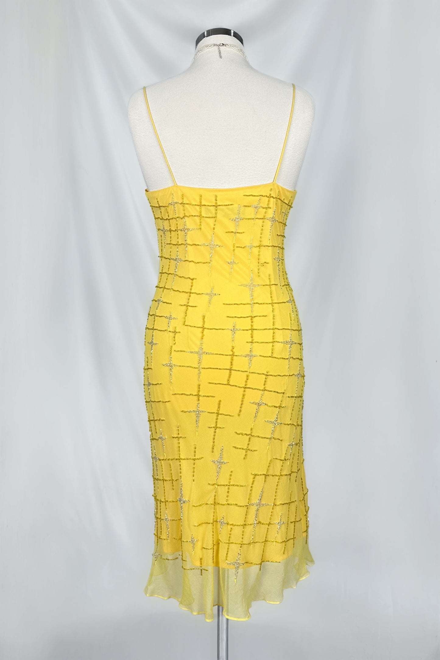 GOLDEN STARBURST EMBELLISHED SILK YELLOW MIDI DRESS