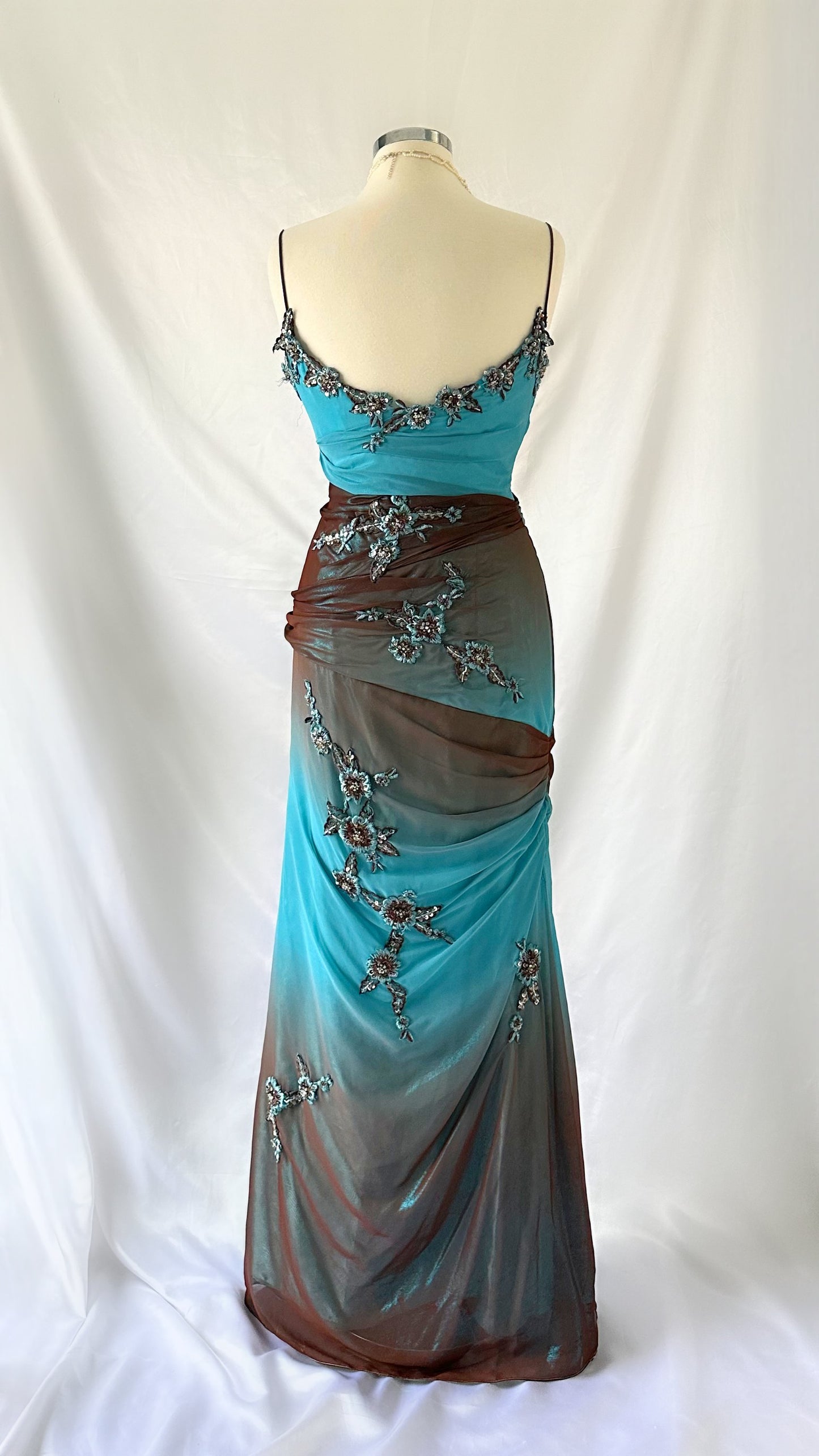 ENCHANTED COCOA & BLUE ROSE IRIDESCENT DRAPED GOWN