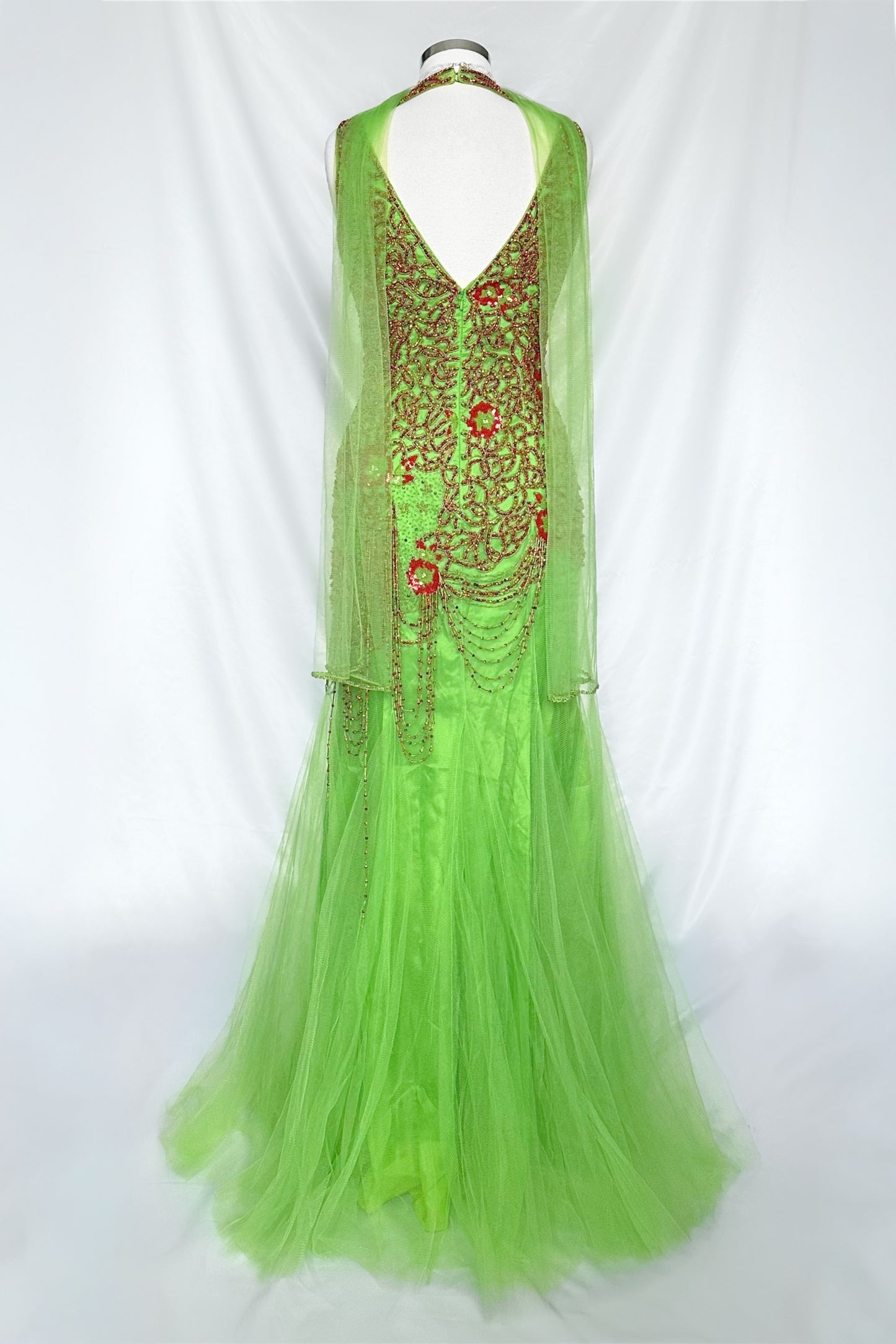 LIME GREEN MESH EMBELLISHED WATERFALL GOWN WITH MATCHING SCARF