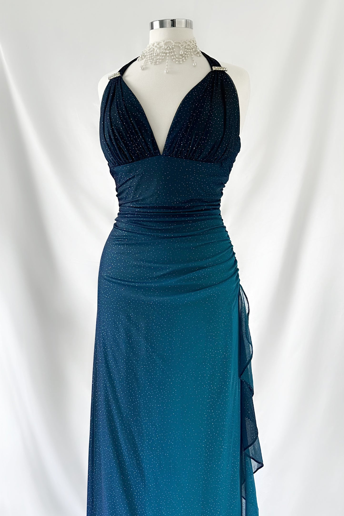 SHIMMERING DARK TURQUOISE OMBRÉ HALTER MAXI DRESS