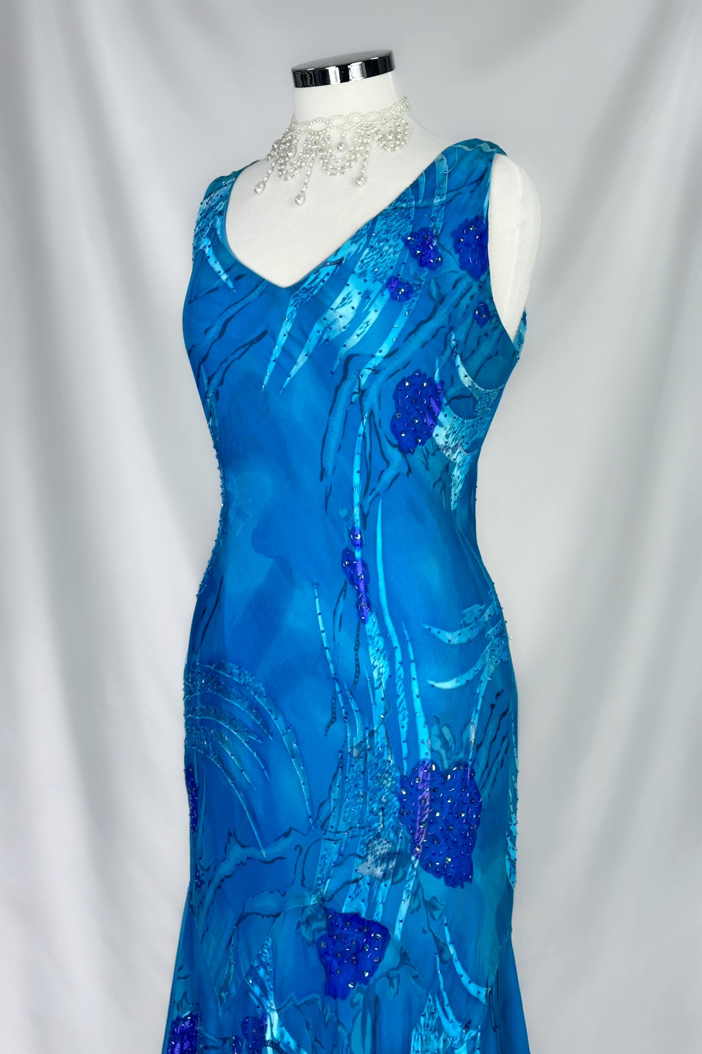 Azure Mirage Embellished Silk Midi Dress