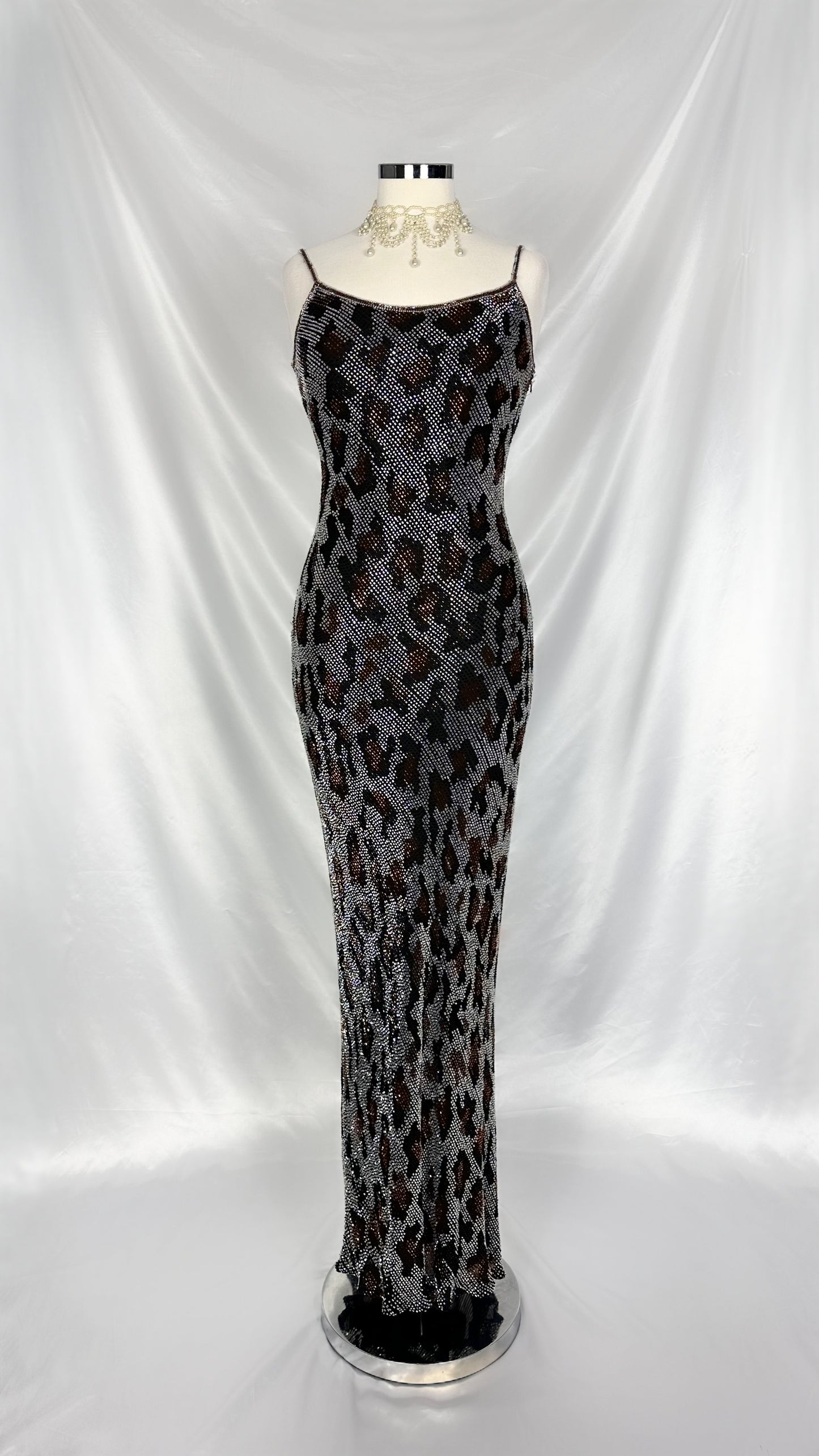 STEEL GREY LEOPARD FANTASY EMBELLISHED SILK GOWN