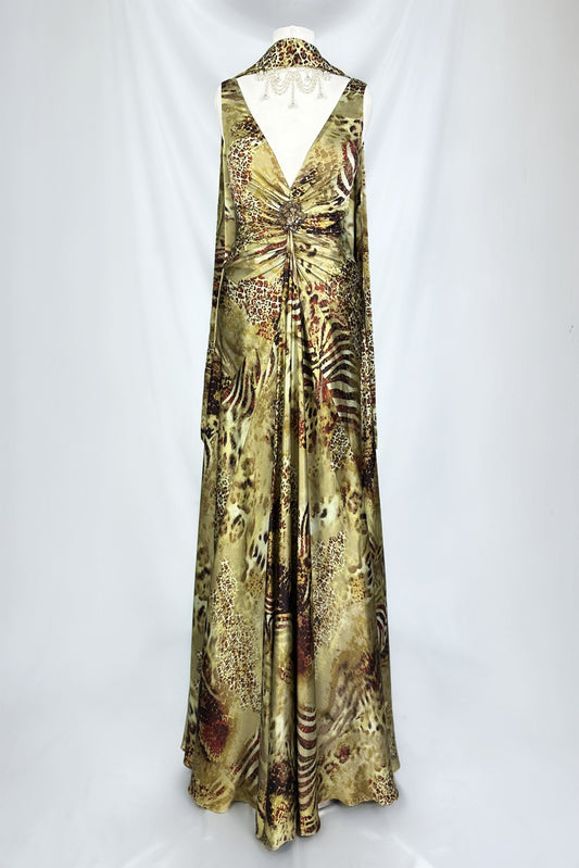 GOLDEN LEOPARD ANIMAL PRINT SILK GOWN WITH SHAWL