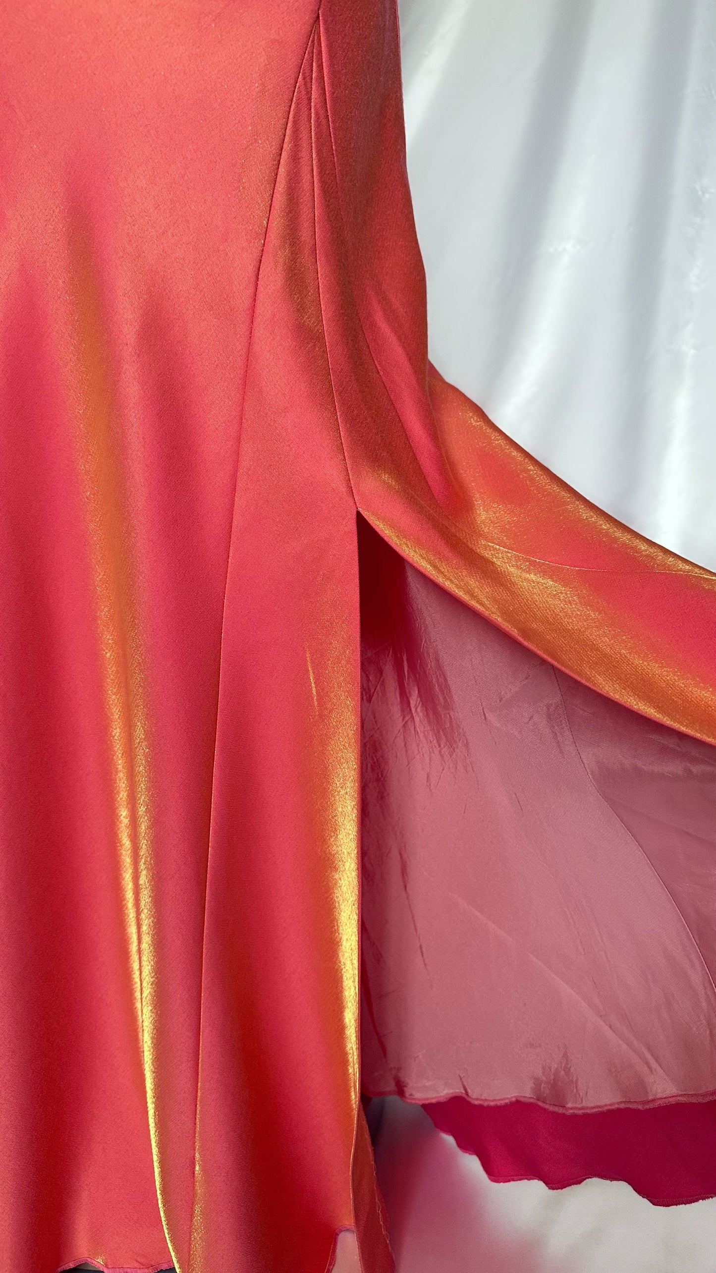 FIERY IRIDESCENT GUAVA HALTER NECK DRESS WITH LEG SLIT