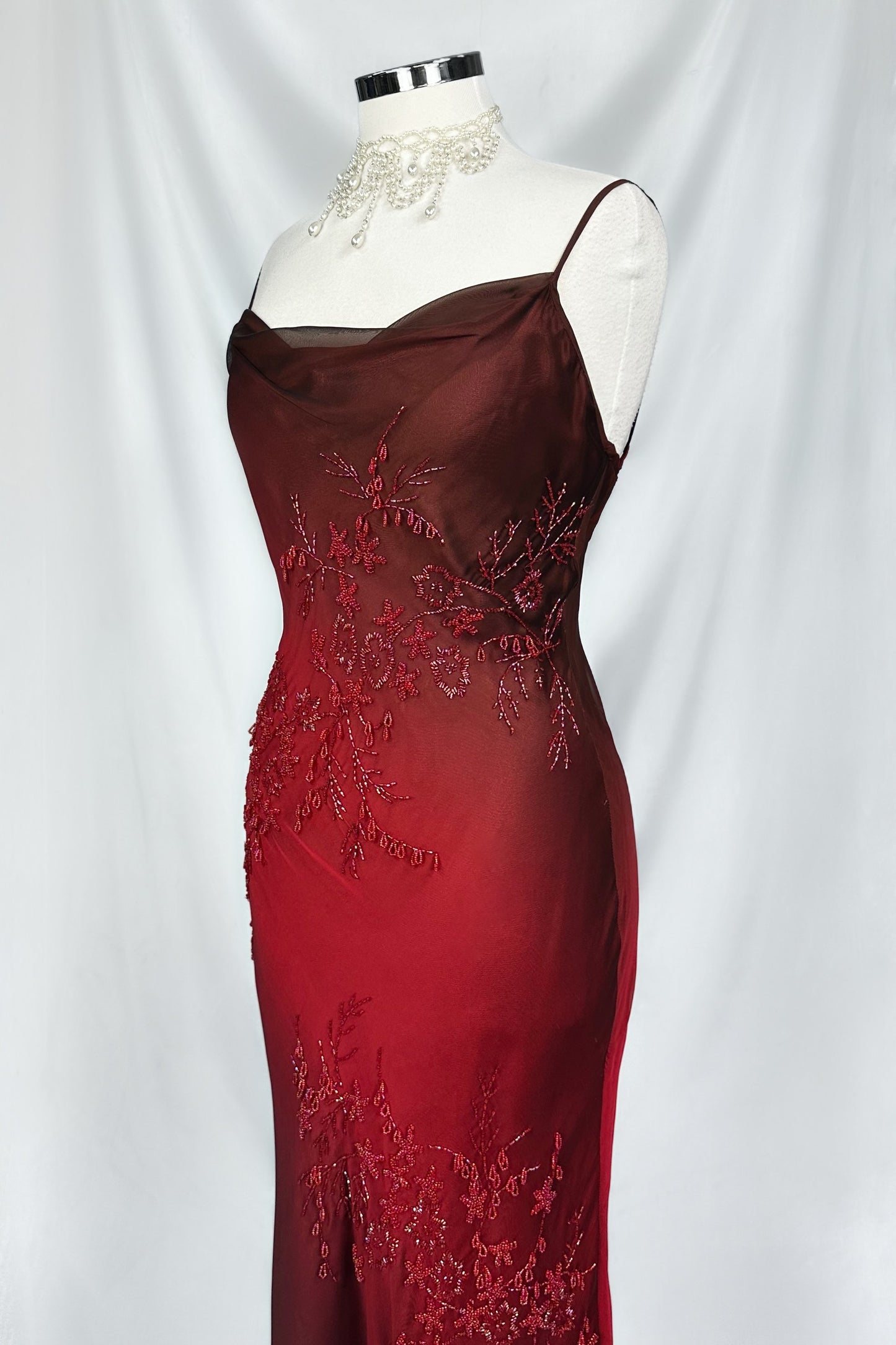 MERLOT ROSE OMBRÉ EMBELLISHED BACKLESS MAXI DRESS