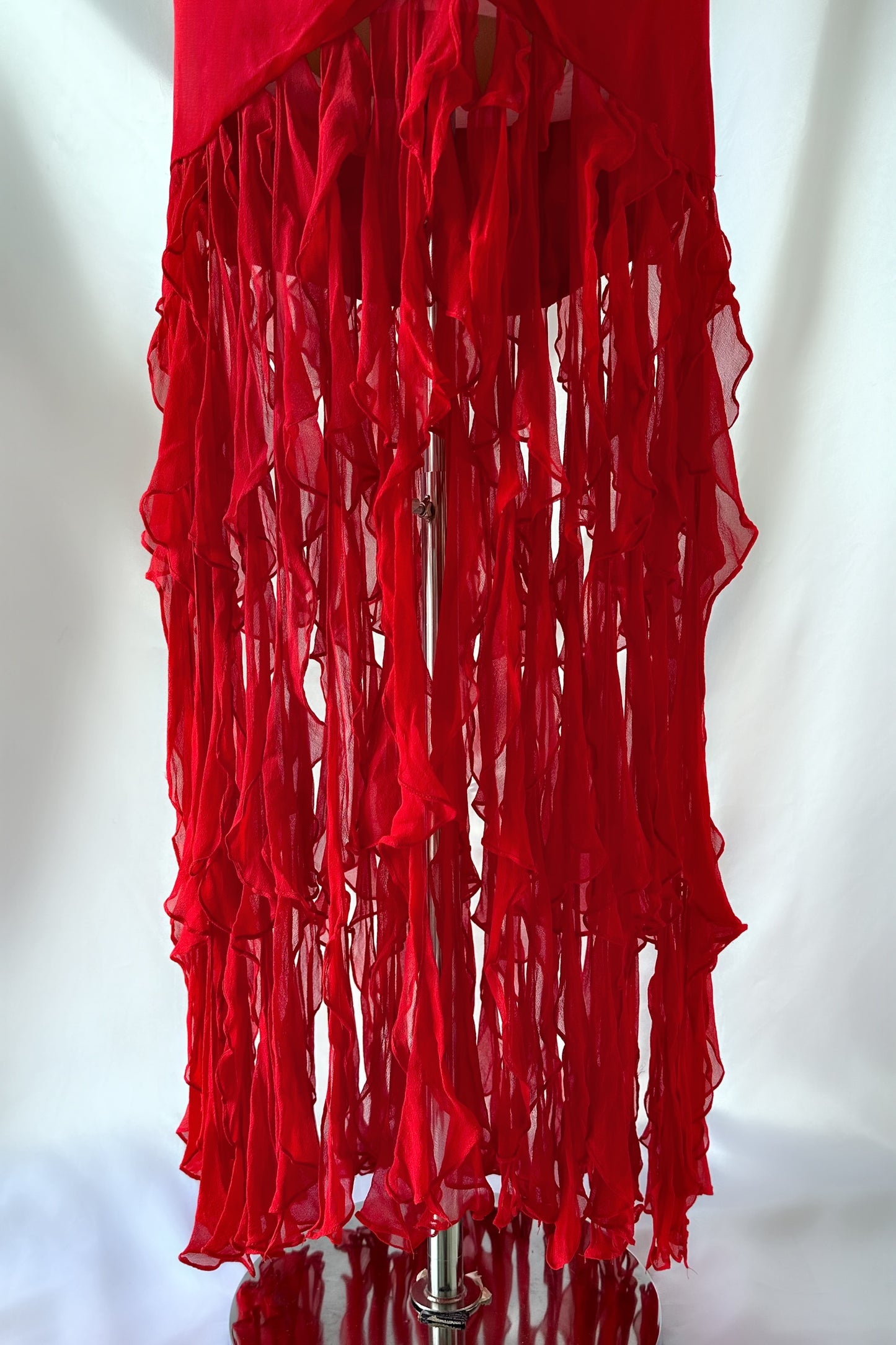 Red Rose Ruffle Jellyfish Silk Maxi Dress