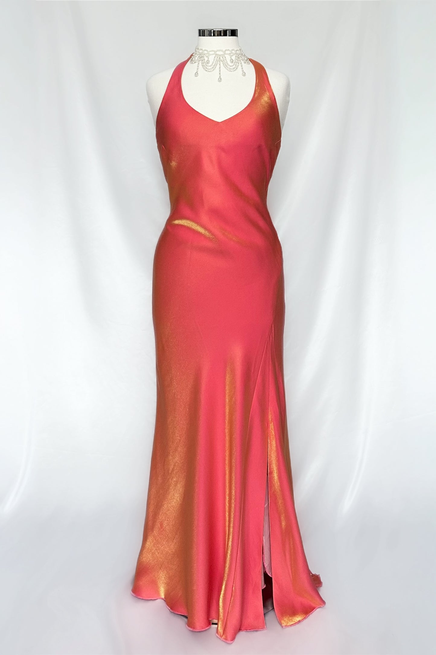FIERY IRIDESCENT GUAVA HALTER NECK DRESS WITH LEG SLIT