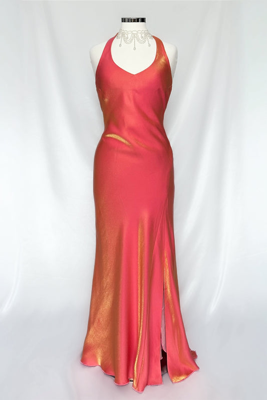 FIERY IRIDESCENT GUAVA HALTER NECK DRESS WITH LEG SLIT