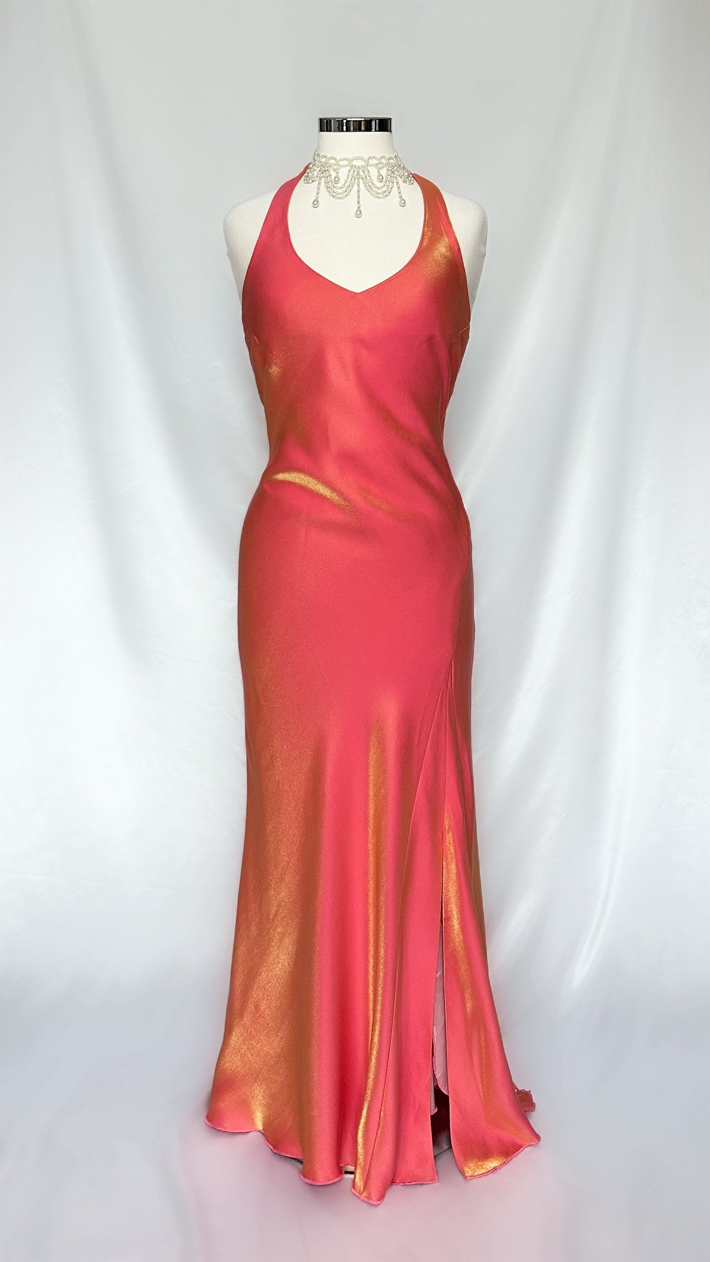 FIERY IRIDESCENT GUAVA HALTER NECK DRESS WITH LEG SLIT