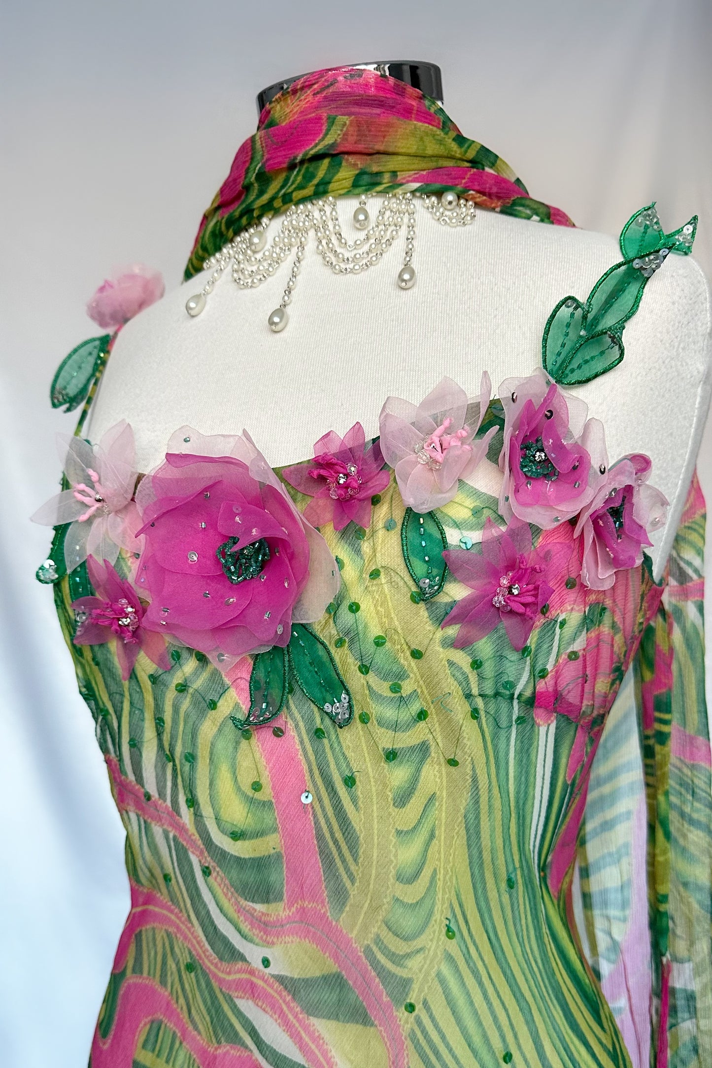 ART DECO SILK FLORAL SHEER MAXI DRESS WITH MATCHING SCARF