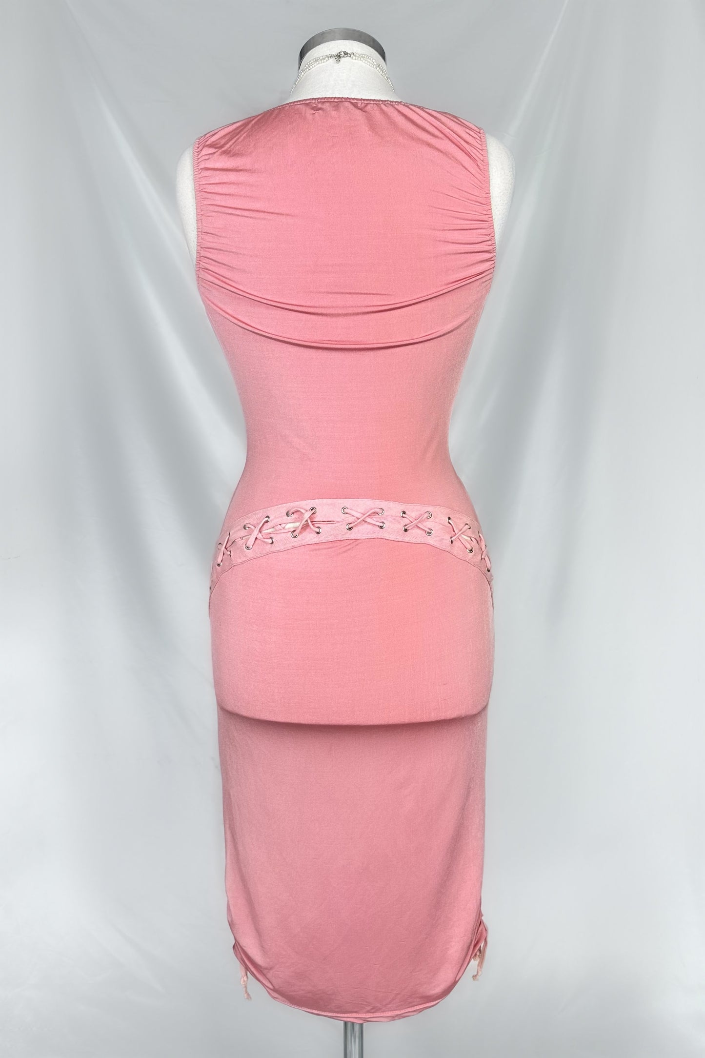 90s PINK CLUB RUCHED SLINKY LACE UP MIDI DRESS