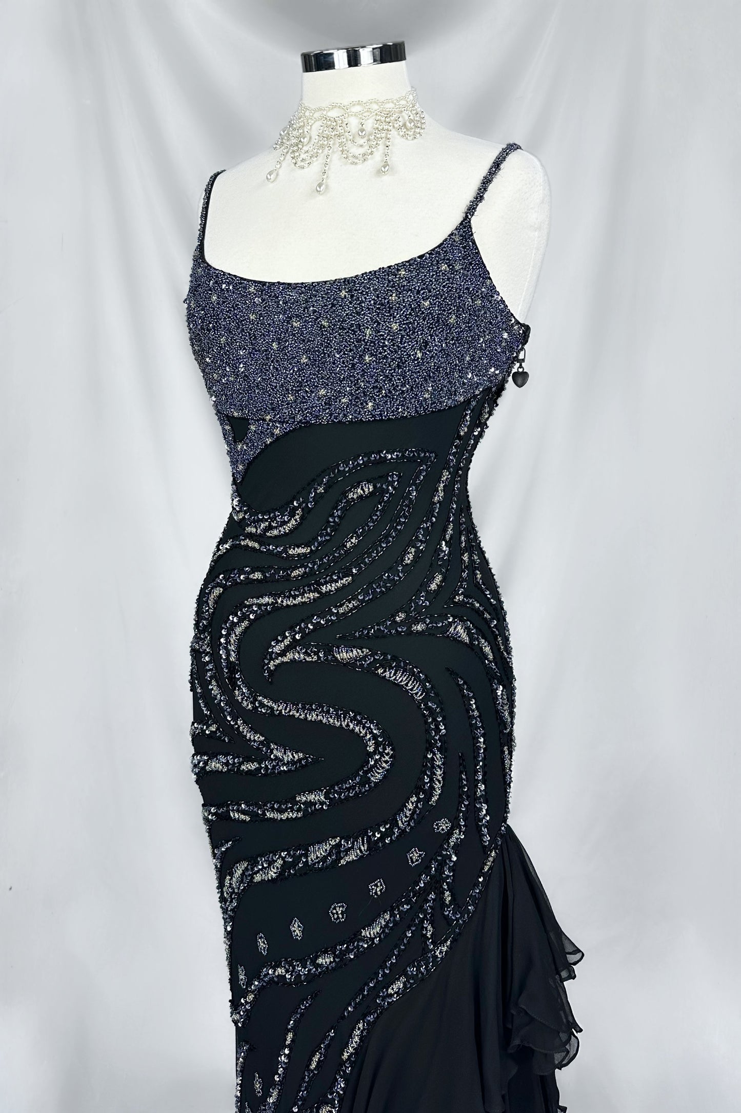 NOIR RUFFLES EMBELLISHED SILK MIDAXI DRESS