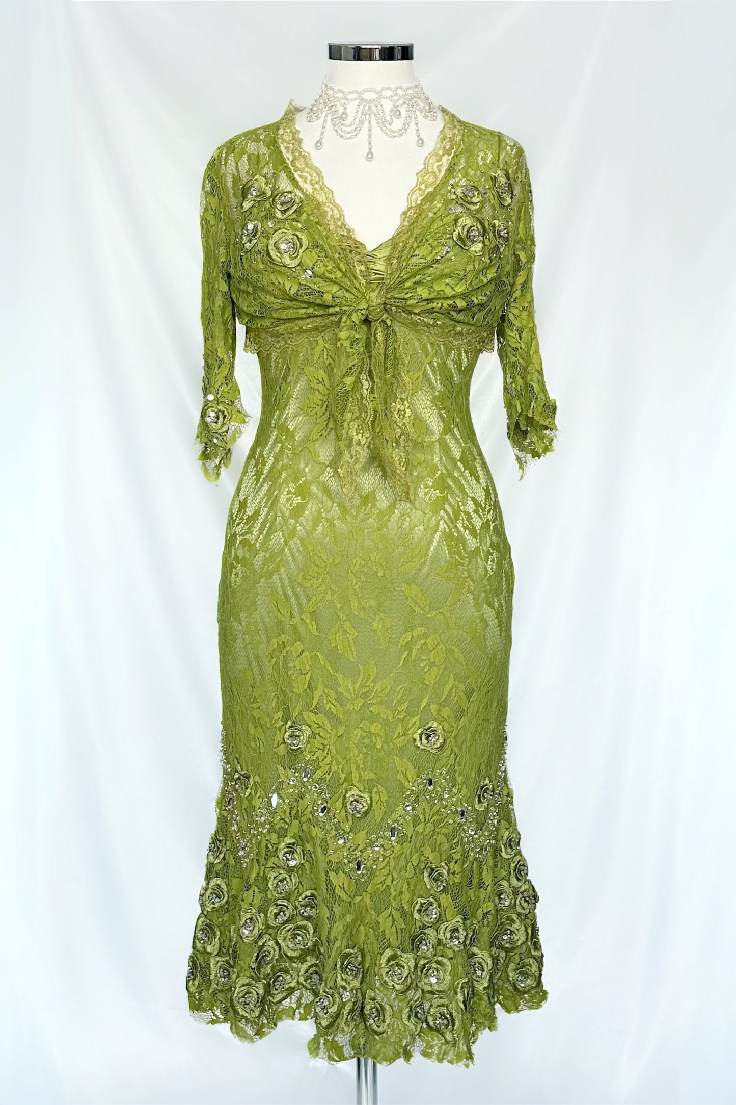 GREEN LACE FLORAL DIAMANTÉ EMBELLISHED MIDI DRESS WITH MATCHING CARDIGAN