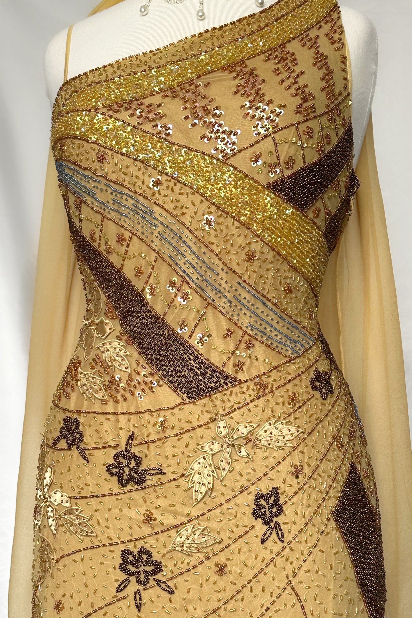 MATTE GOLD SILK EMBELLISHED ONE SHOULDER MAXI DRESS WITH MATCHING SCARF