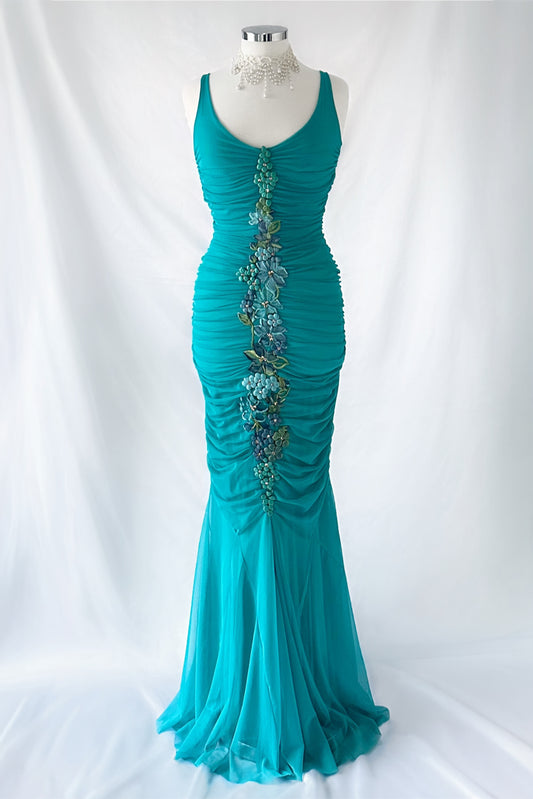 TURQUOISE GLAMOUR FISHTAIL GOWN BY EMA SAVAHL COUTURE