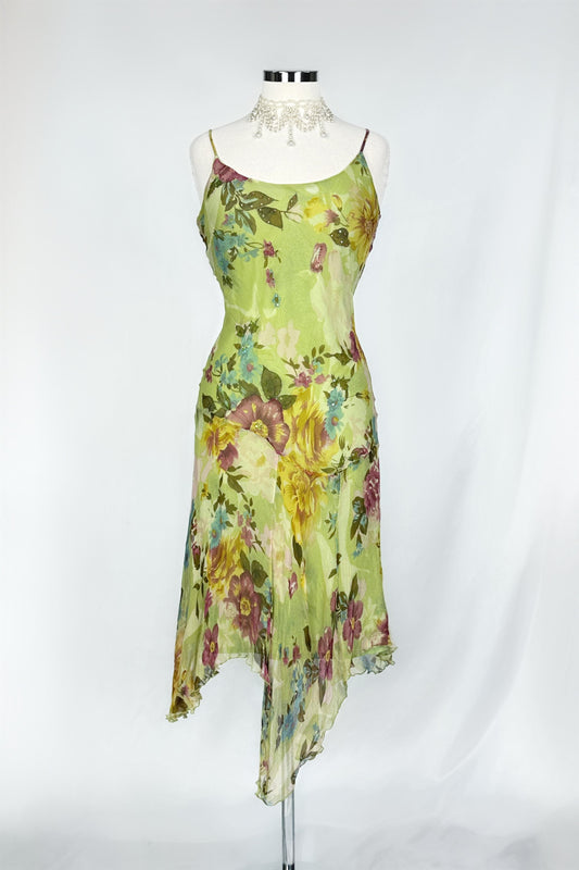 PISTACHIO WATERCOLOUR FLORALS ASYMMETRICAL MIDI DRESS