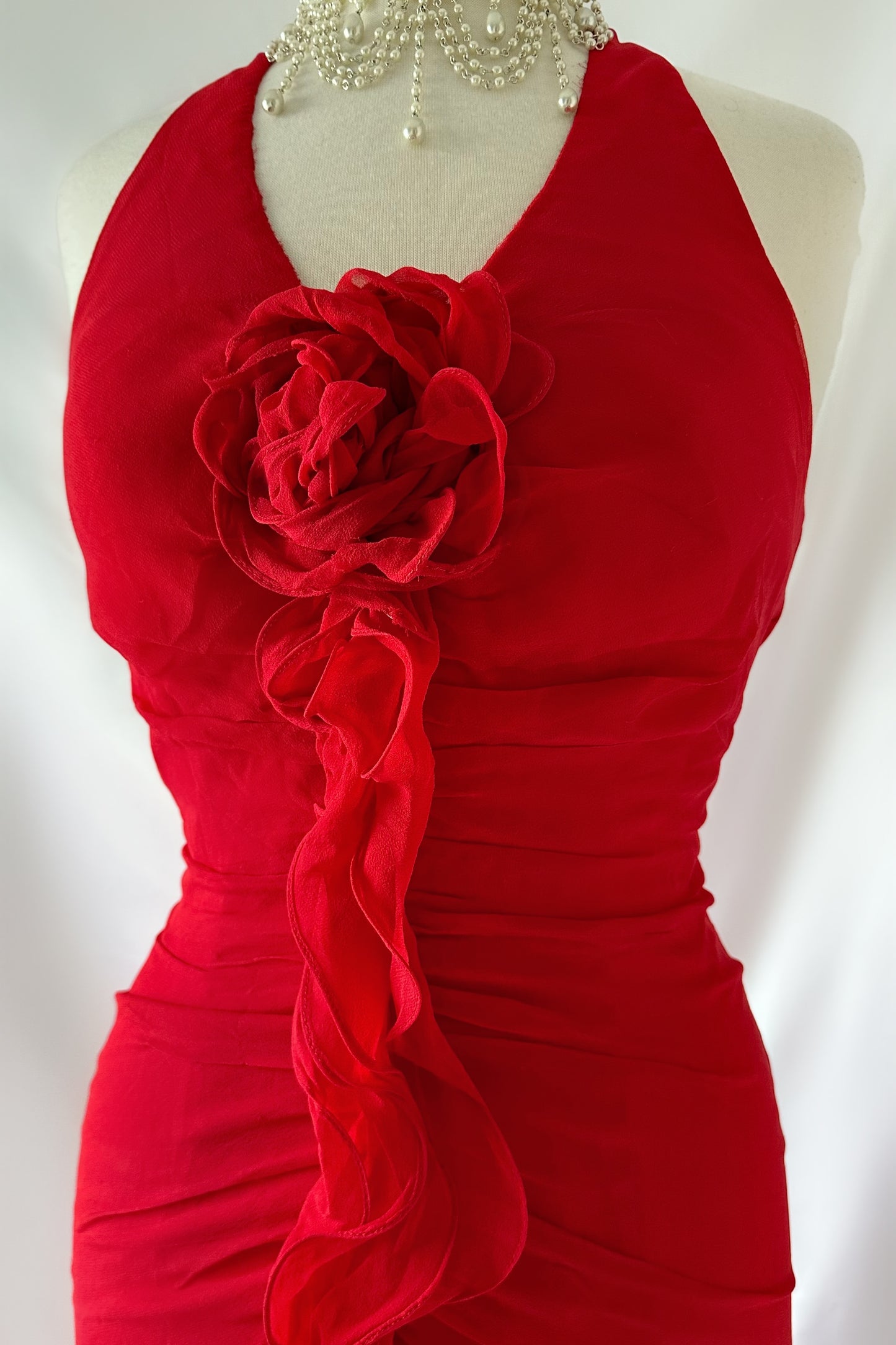 Red Rose Ruffle Jellyfish Silk Maxi Dress