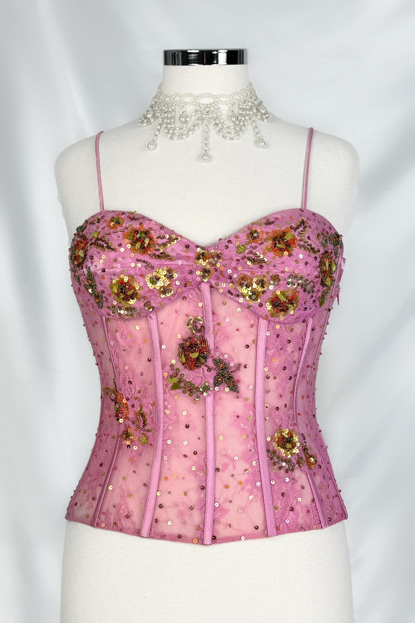 90s French Mesh Embellished Pink Corset Top