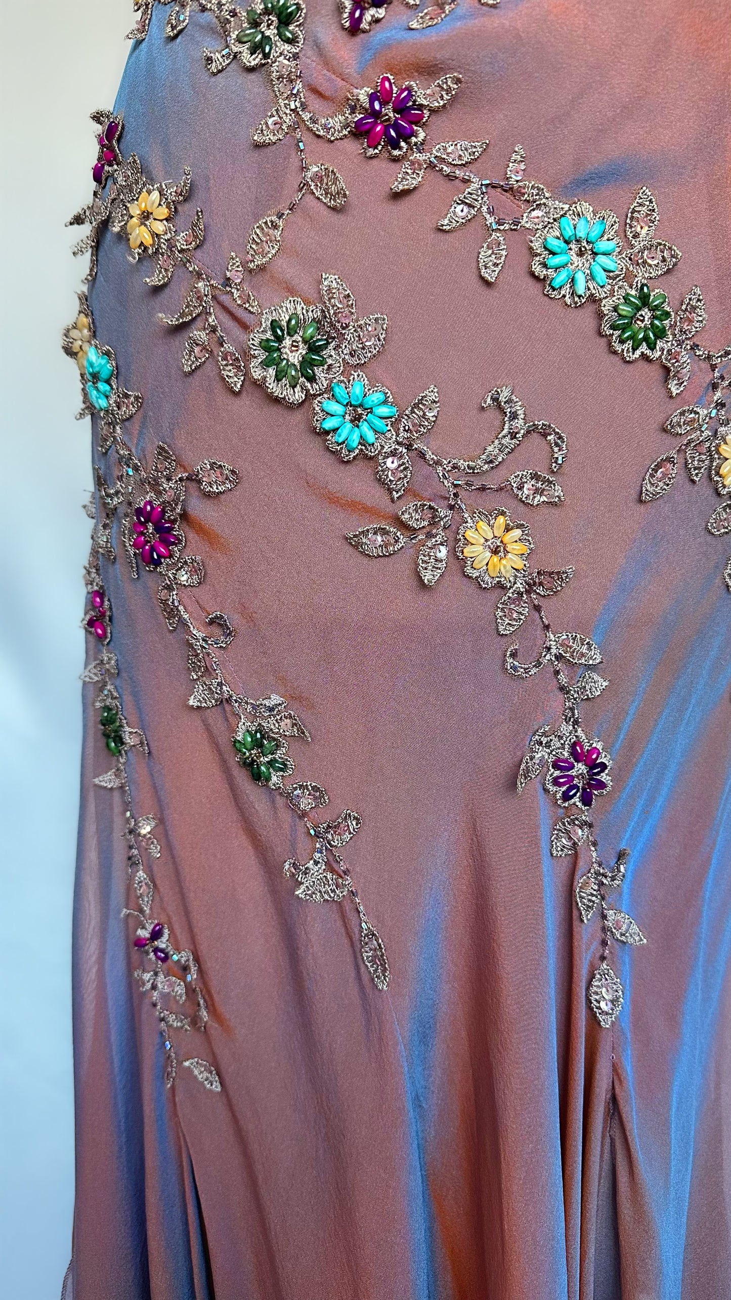 IRIDESCENT DUSK FLORAL EMBELLISHED ASYMMETRICAL MIDI DRESS