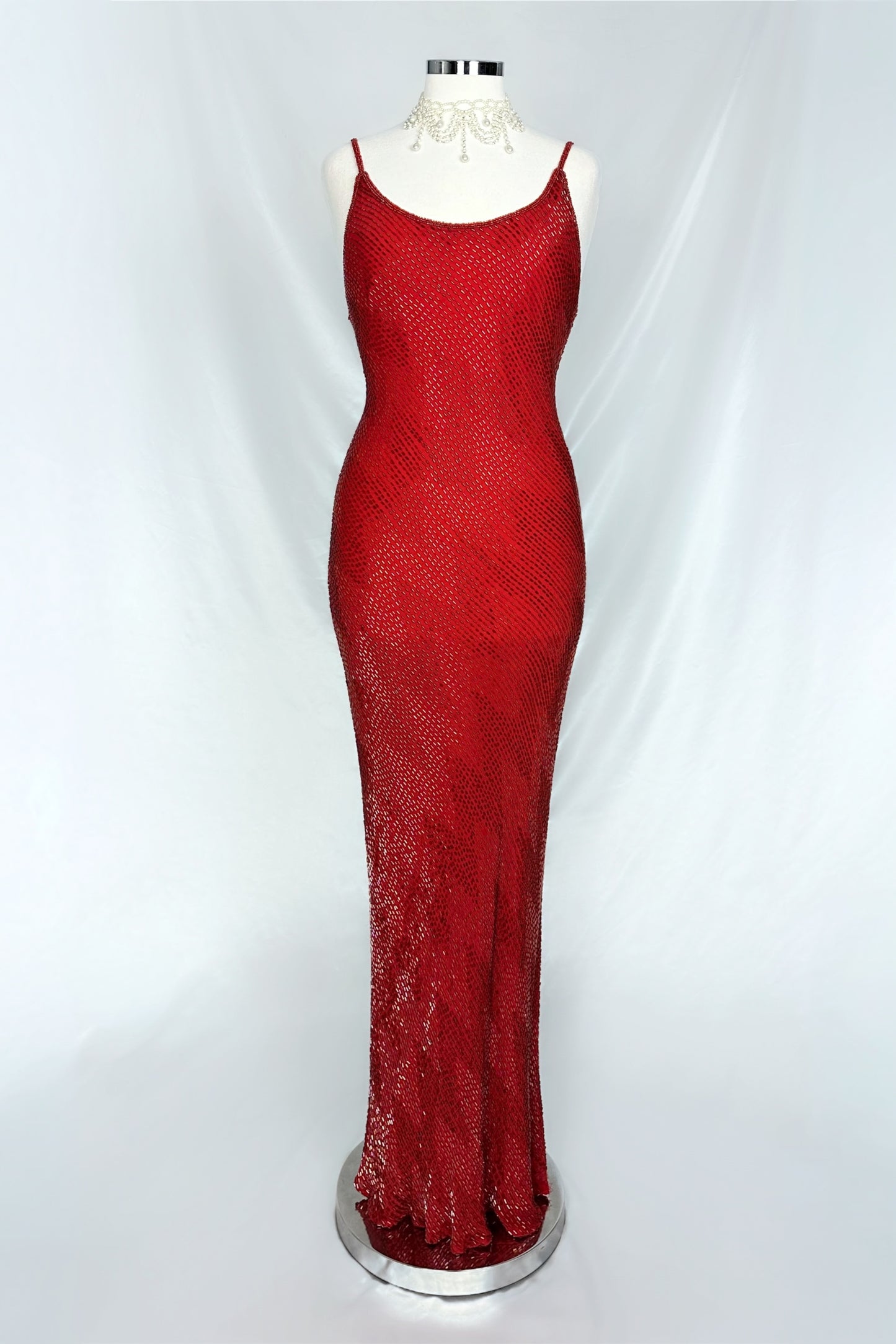 GLIMMERING RUBY EMBELLISHED SILK MAXI DRESS