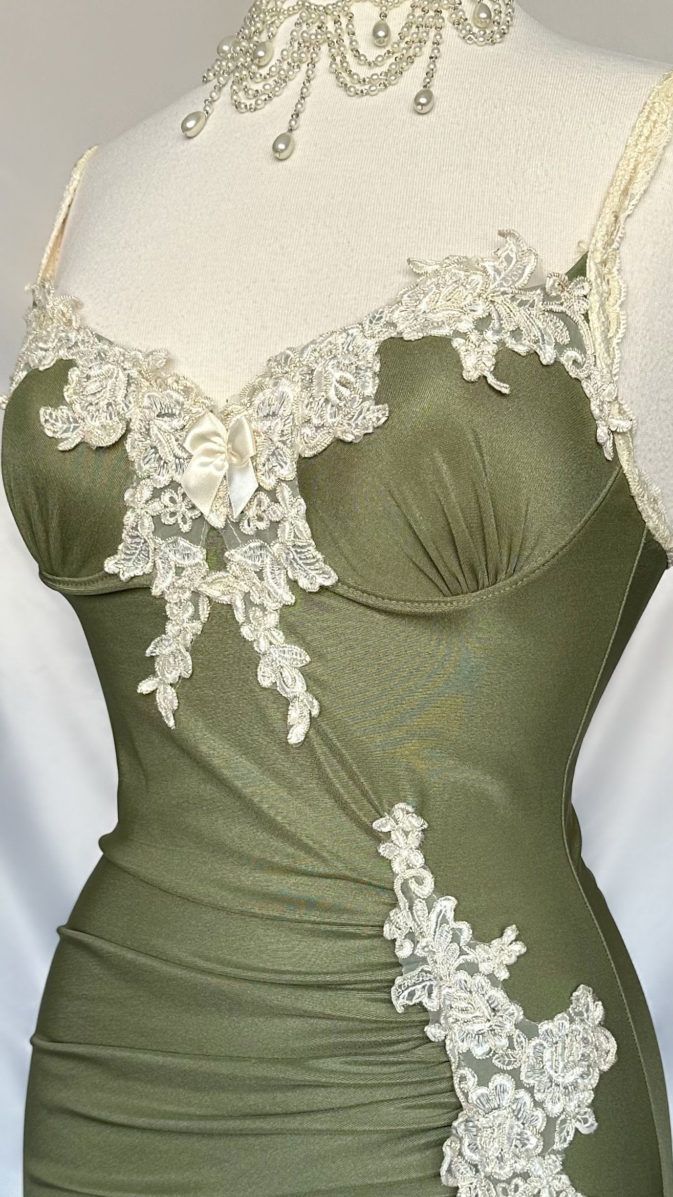 OLIVE GREEN ENCHANTRESS LACE BUSTIER ASYMMETRICAL MIDI DRESS