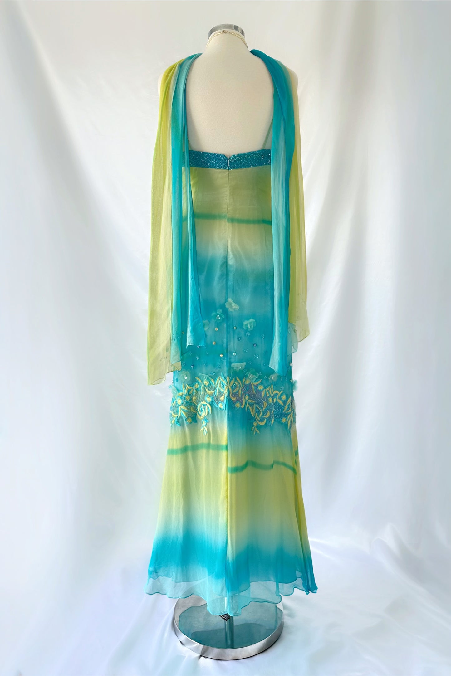 BEACH TROPICS SILK EMBELLISHED GOWN & SCARF SET